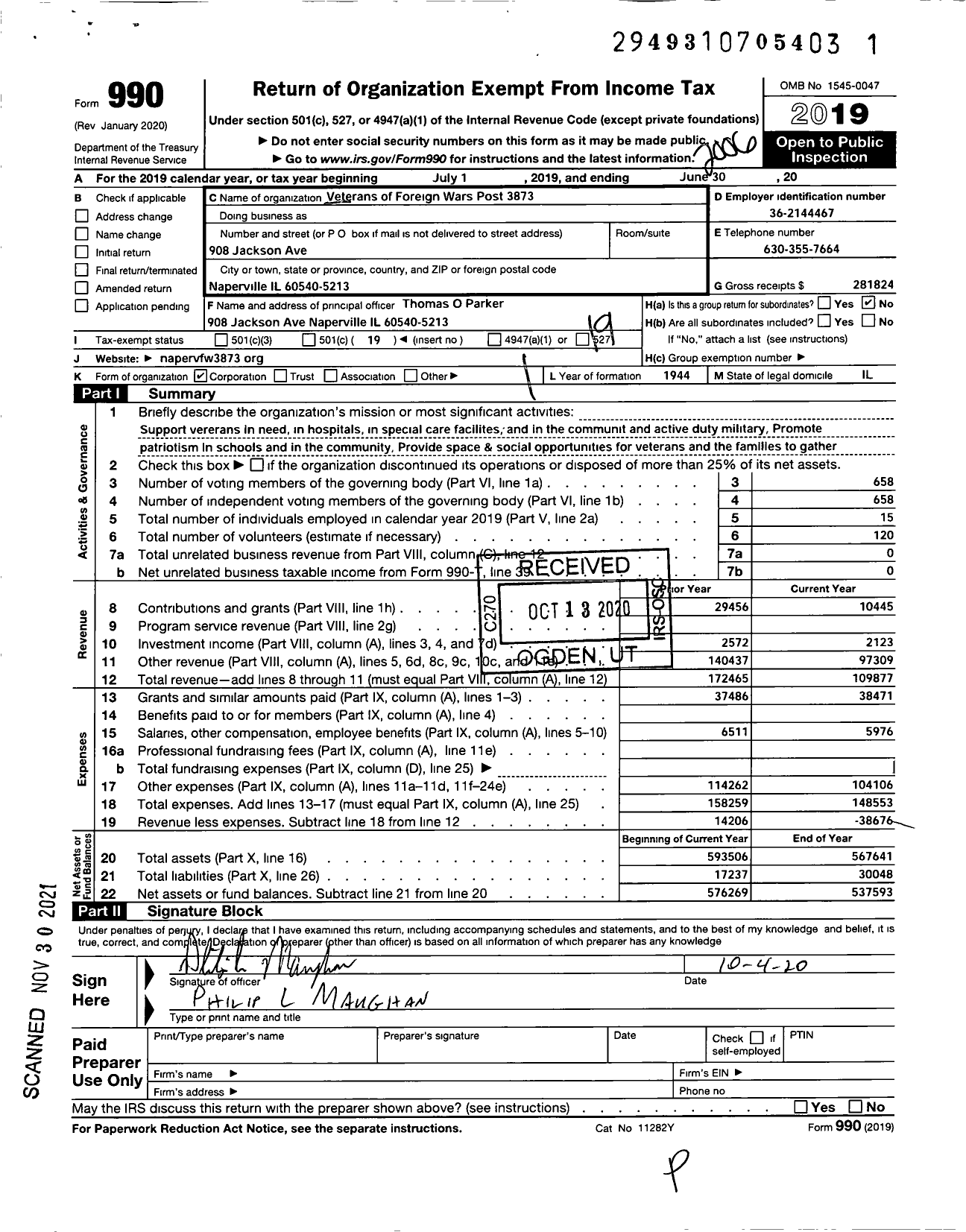 Image of first page of 2019 Form 990O for VFW Dept of Illinois - Judd Kendall VFW Post 3873