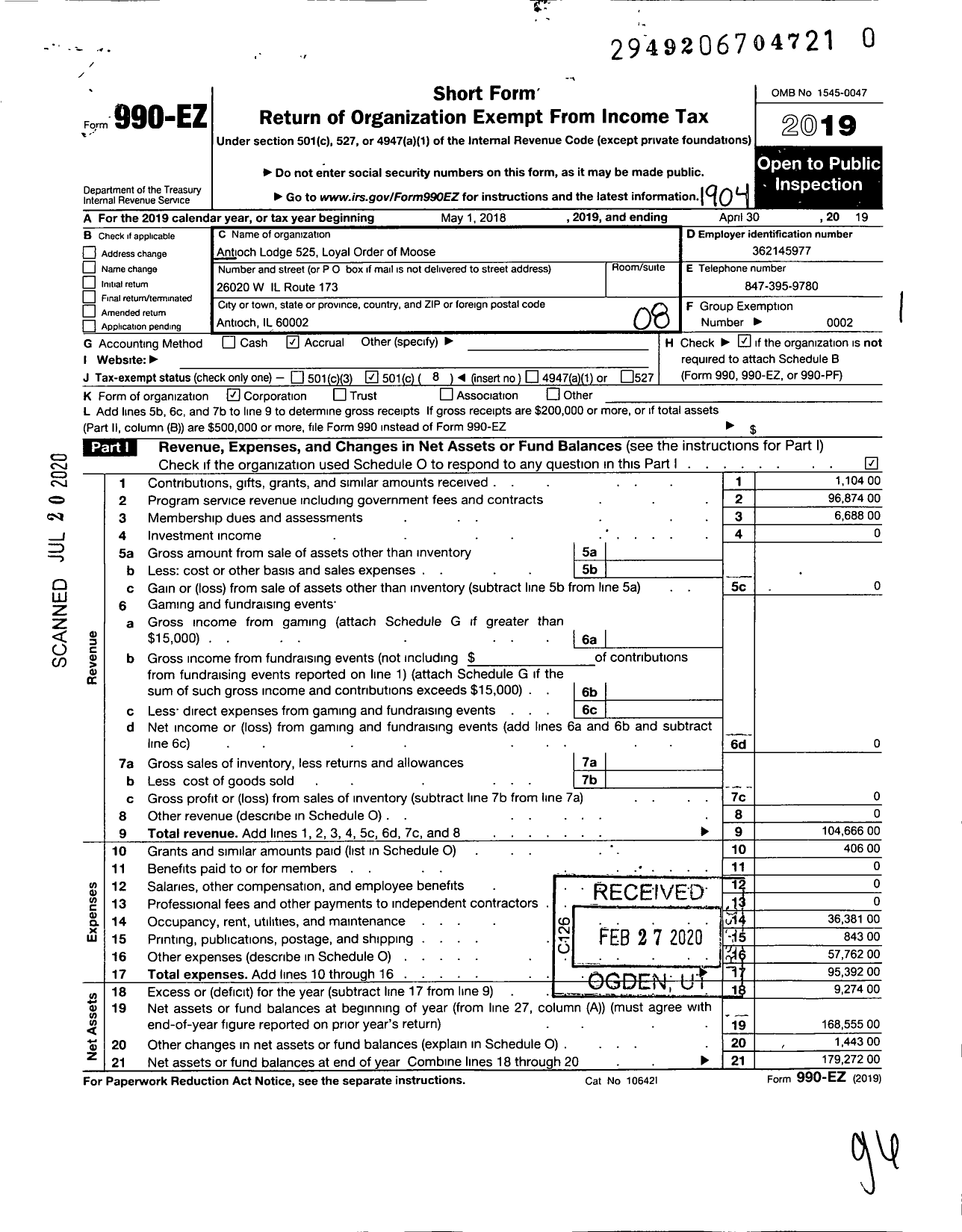 Image of first page of 2018 Form 990EO for Loyal Order of Moose - 525