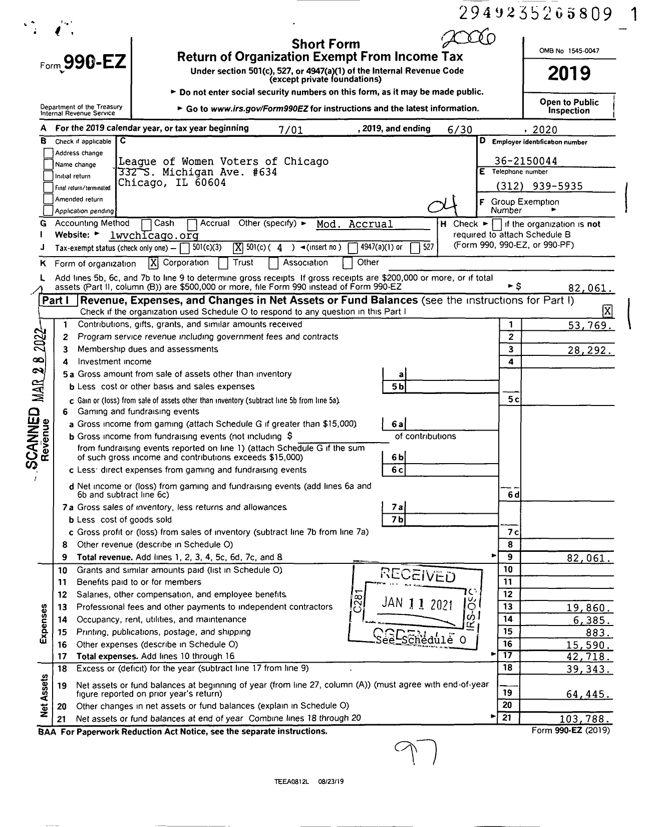 Image of first page of 2019 Form 990EO for League of Women Voters of Chicago