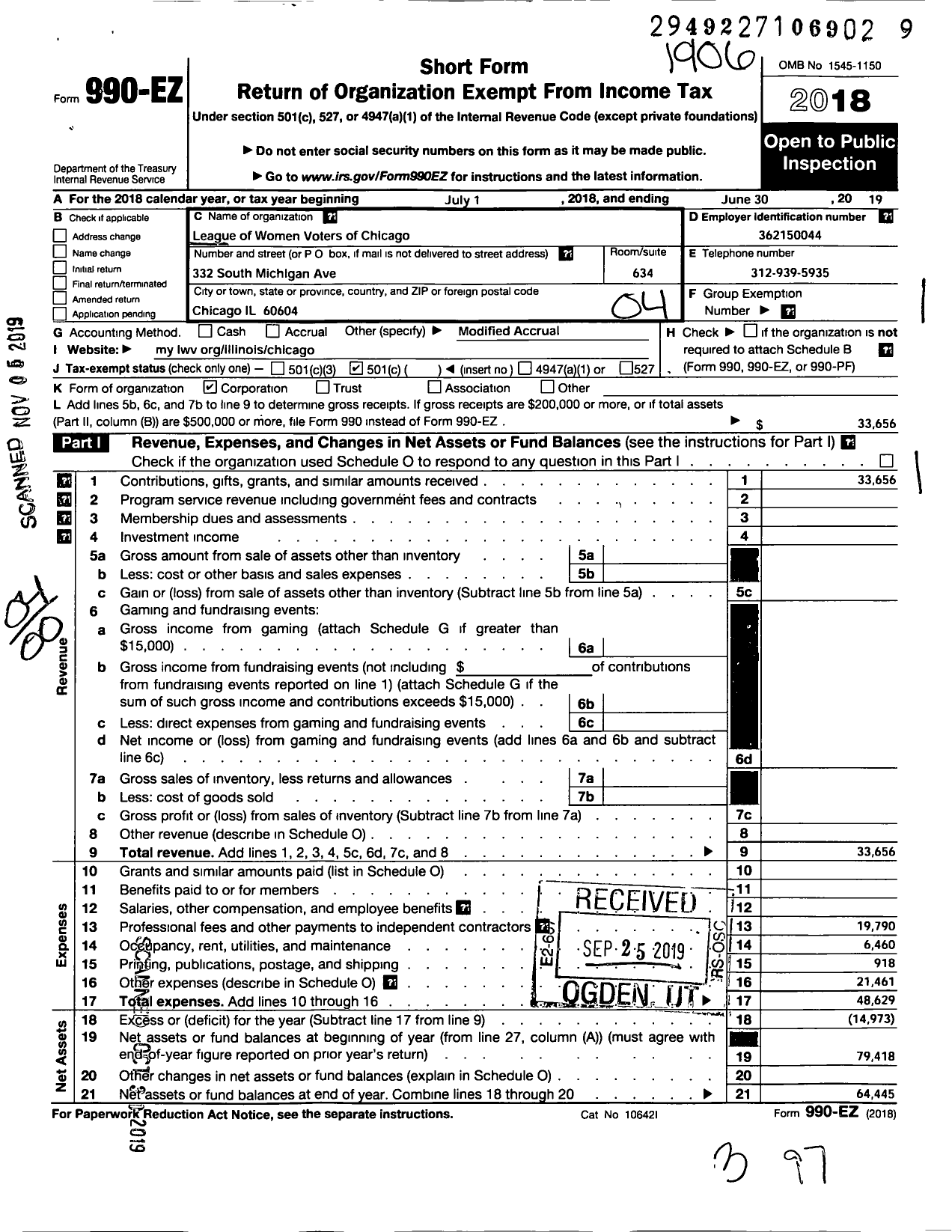 Image of first page of 2018 Form 990EO for League of Women Voters of Chicago