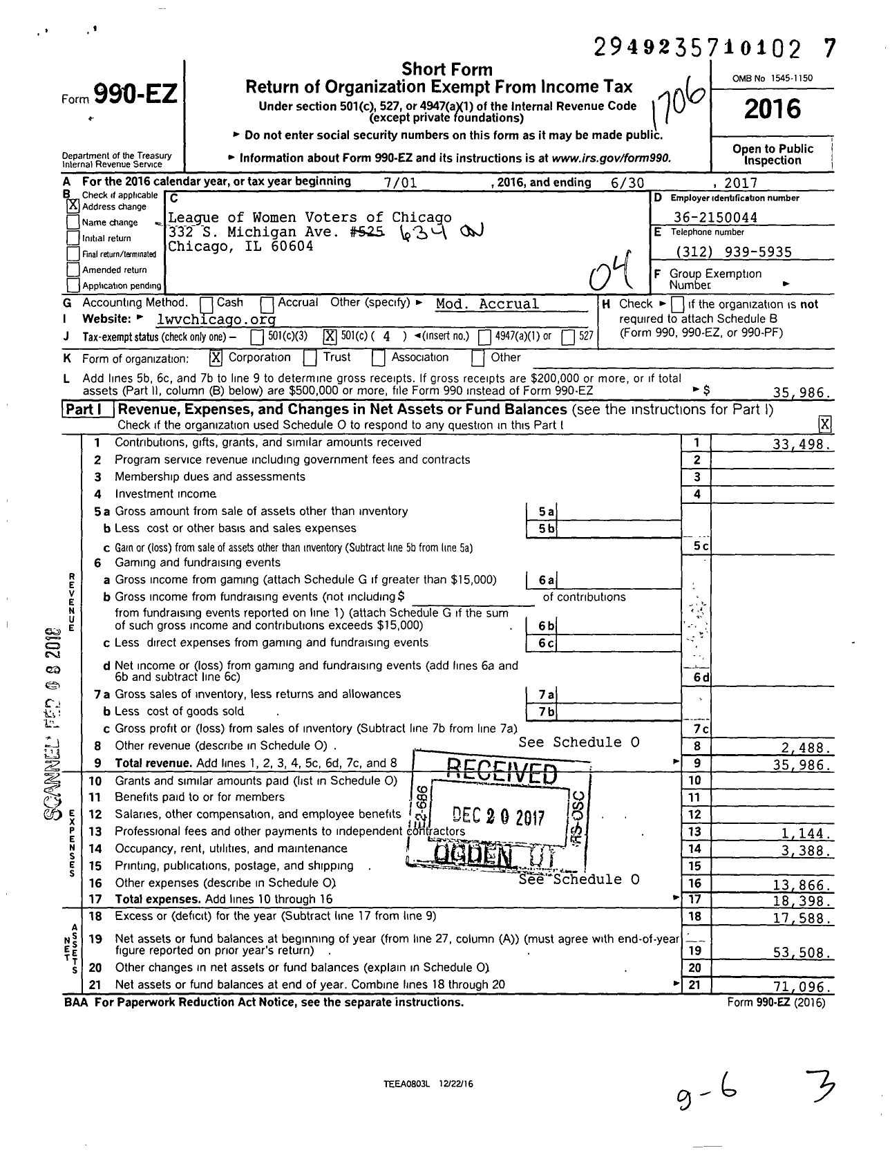 Image of first page of 2016 Form 990EO for League of Women Voters of Chicago