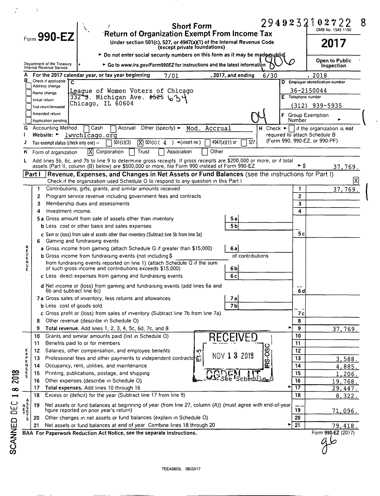 Image of first page of 2017 Form 990EO for League of Women Voters of Chicago