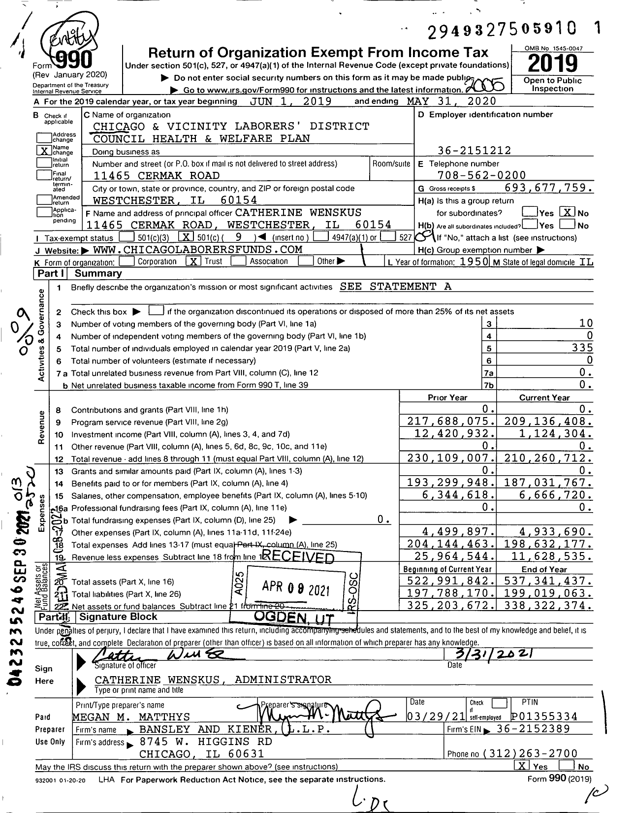 Image of first page of 2019 Form 990O for Chicago and Vicinity Laborers' District Council Health and Welfare Plan
