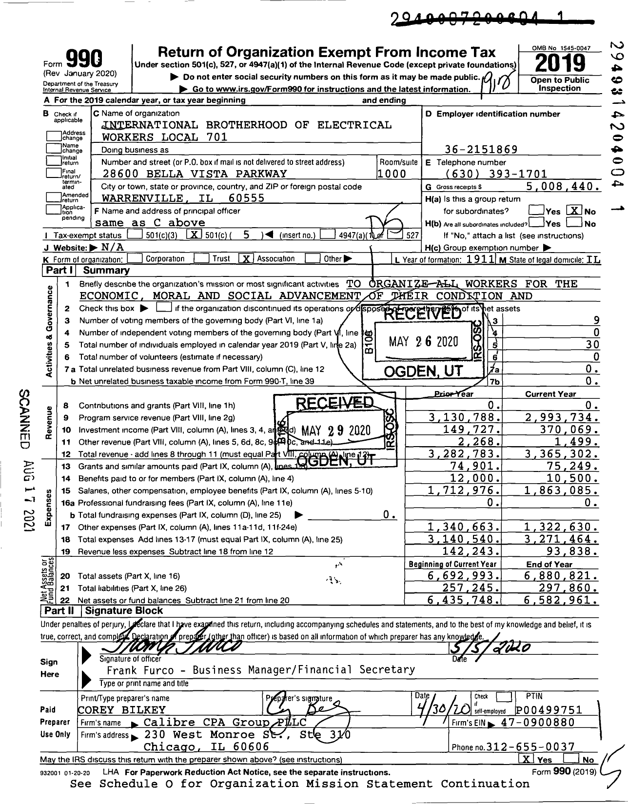 Image of first page of 2019 Form 990O for International Brotherhood of Electrical Workers | (IBEW)