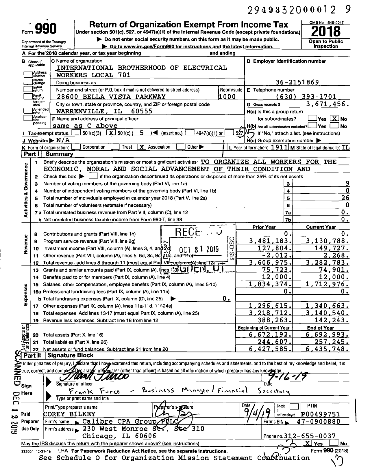 Image of first page of 2018 Form 990O for International Brotherhood of Electrical Workers | (IBEW)