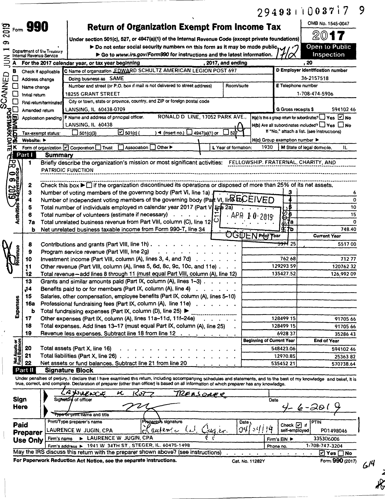 Image of first page of 2017 Form 990O for Edward Schultz American Legion Post 697