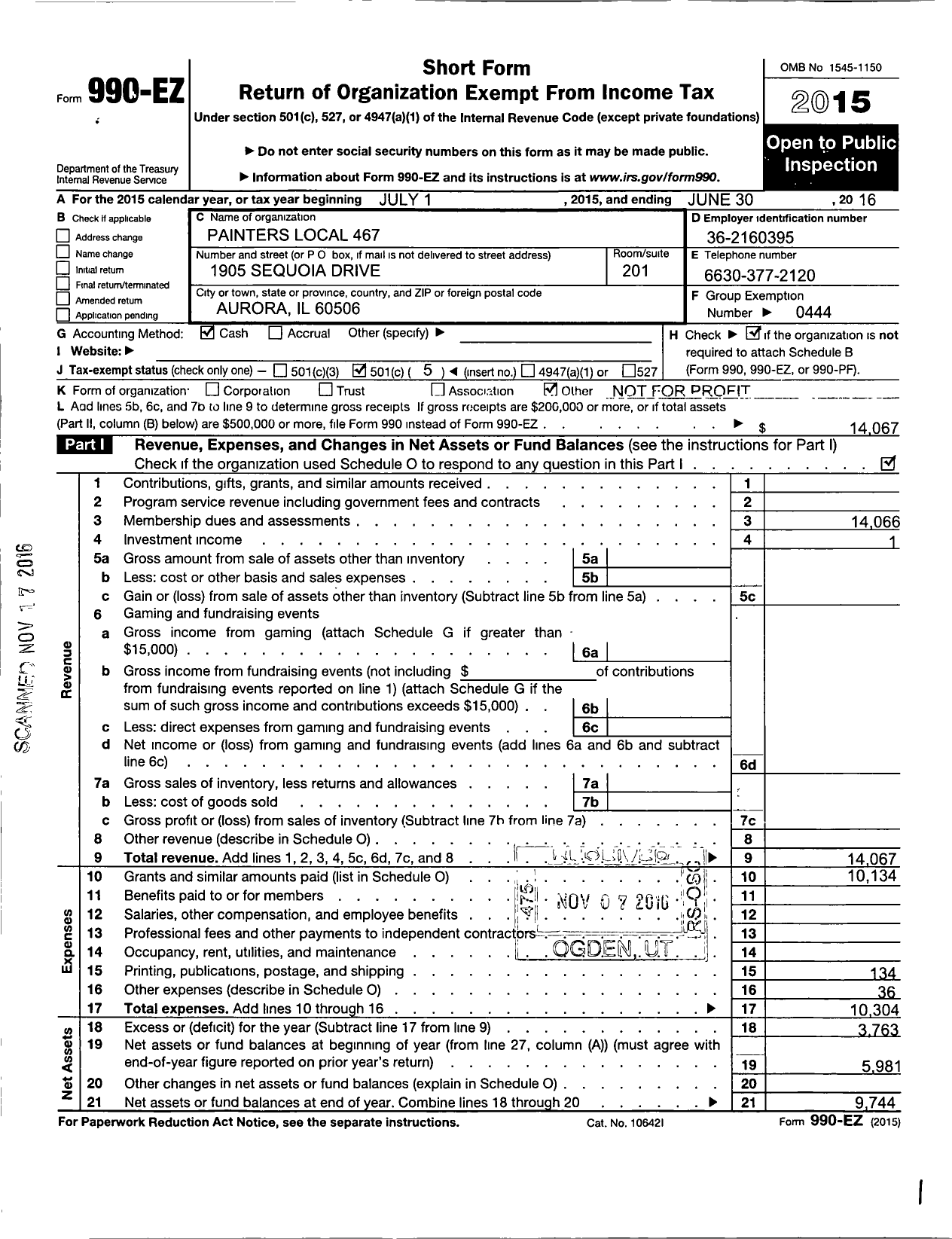 Image of first page of 2015 Form 990EO for International Union of Painters and Allied Trades - 467 Painters Local Union