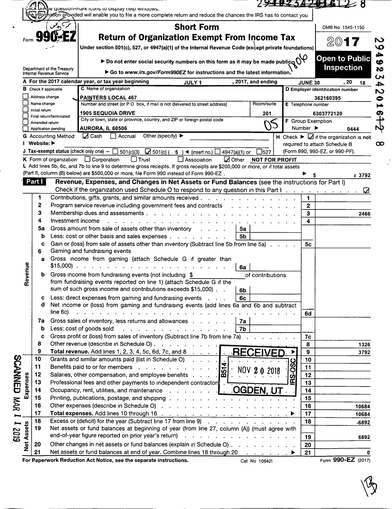 Image of first page of 2017 Form 990EO for International Union of Painters and Allied Trades - 467 Painters Local Union