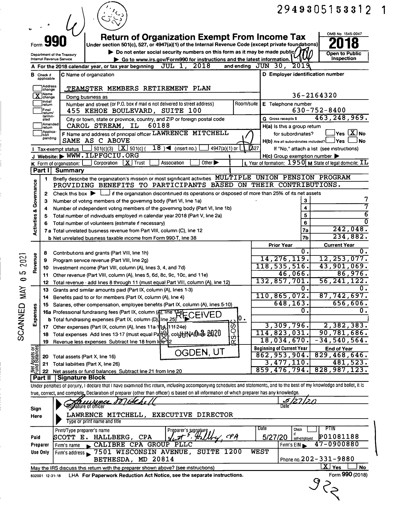 Image of first page of 2018 Form 990O for Trustees of Teamster Members Retirement Plan (ILPF)
