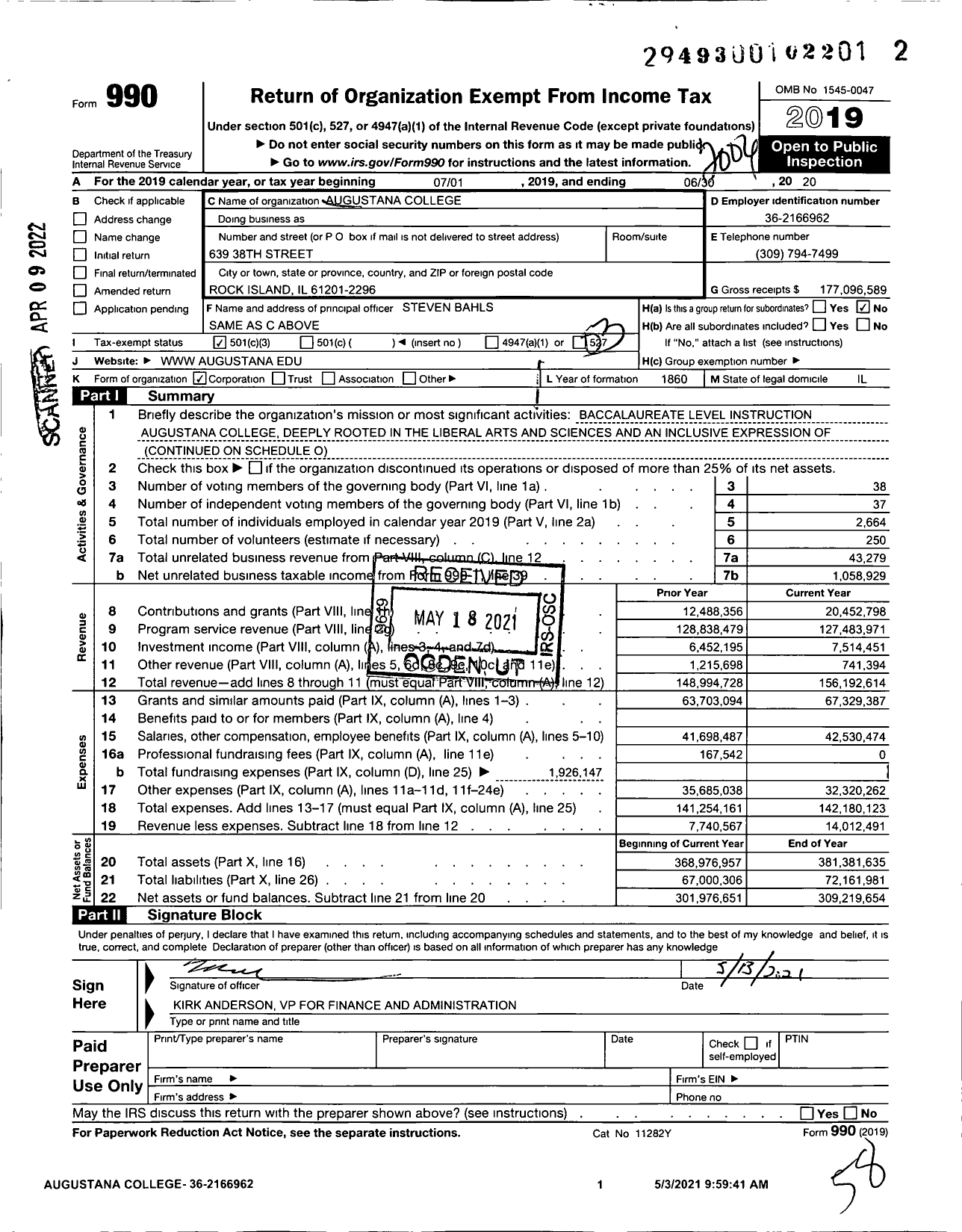 Image of first page of 2019 Form 990 for Augustana College