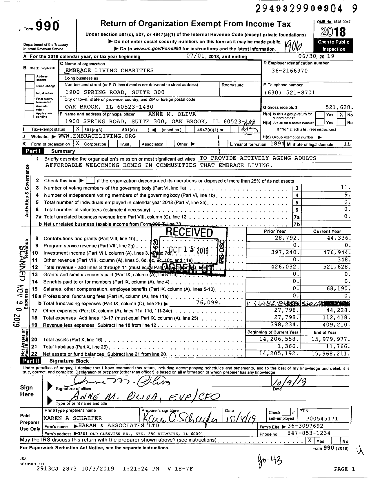 Image of first page of 2018 Form 990 for Embrace Living Charities
