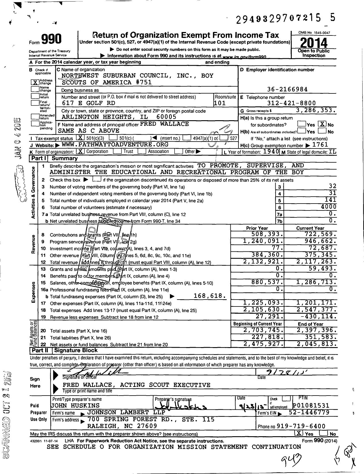 Image of first page of 2014 Form 990 for Northwest Suburban Council Boy Scouts of America #751