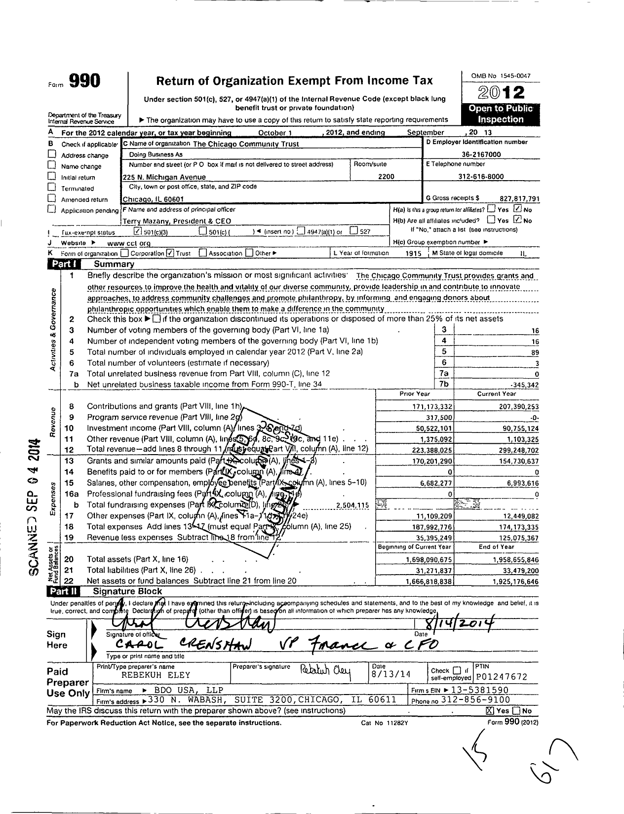 Image of first page of 2012 Form 990 for The Chicago Community Trust