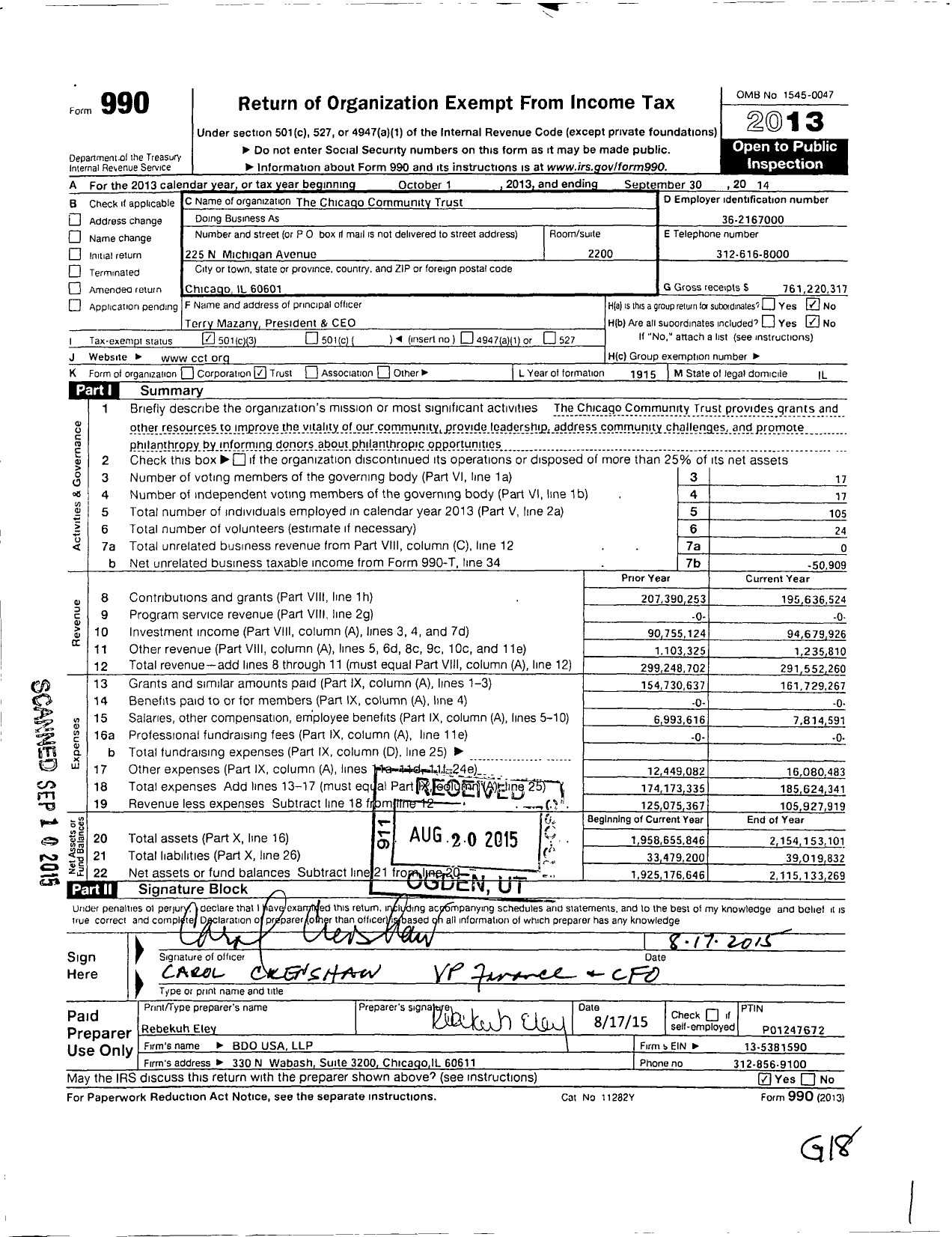 Image of first page of 2013 Form 990 for The Chicago Community Trust