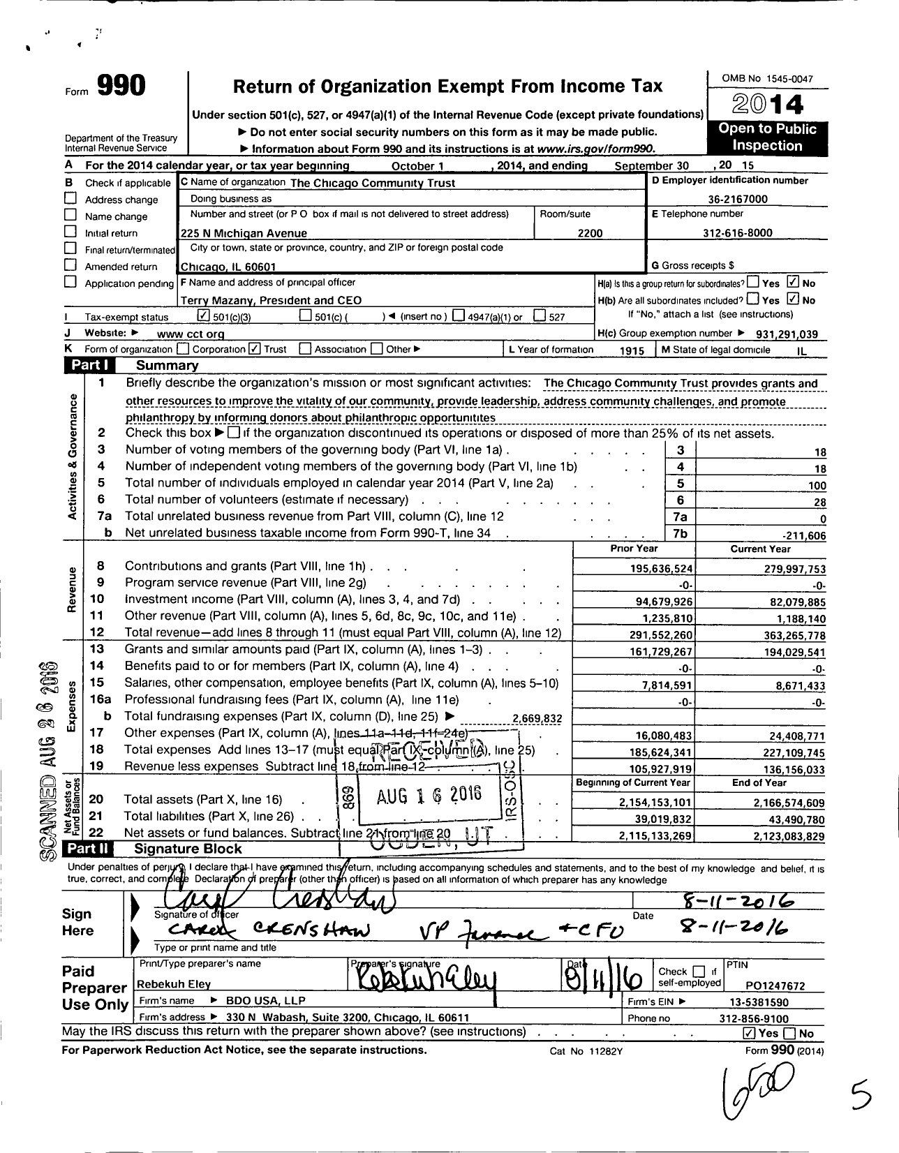 Image of first page of 2014 Form 990 for The Chicago Community Trust