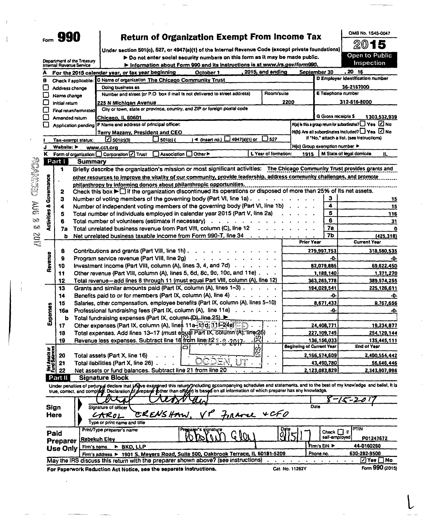 Image of first page of 2015 Form 990 for The Chicago Community Trust