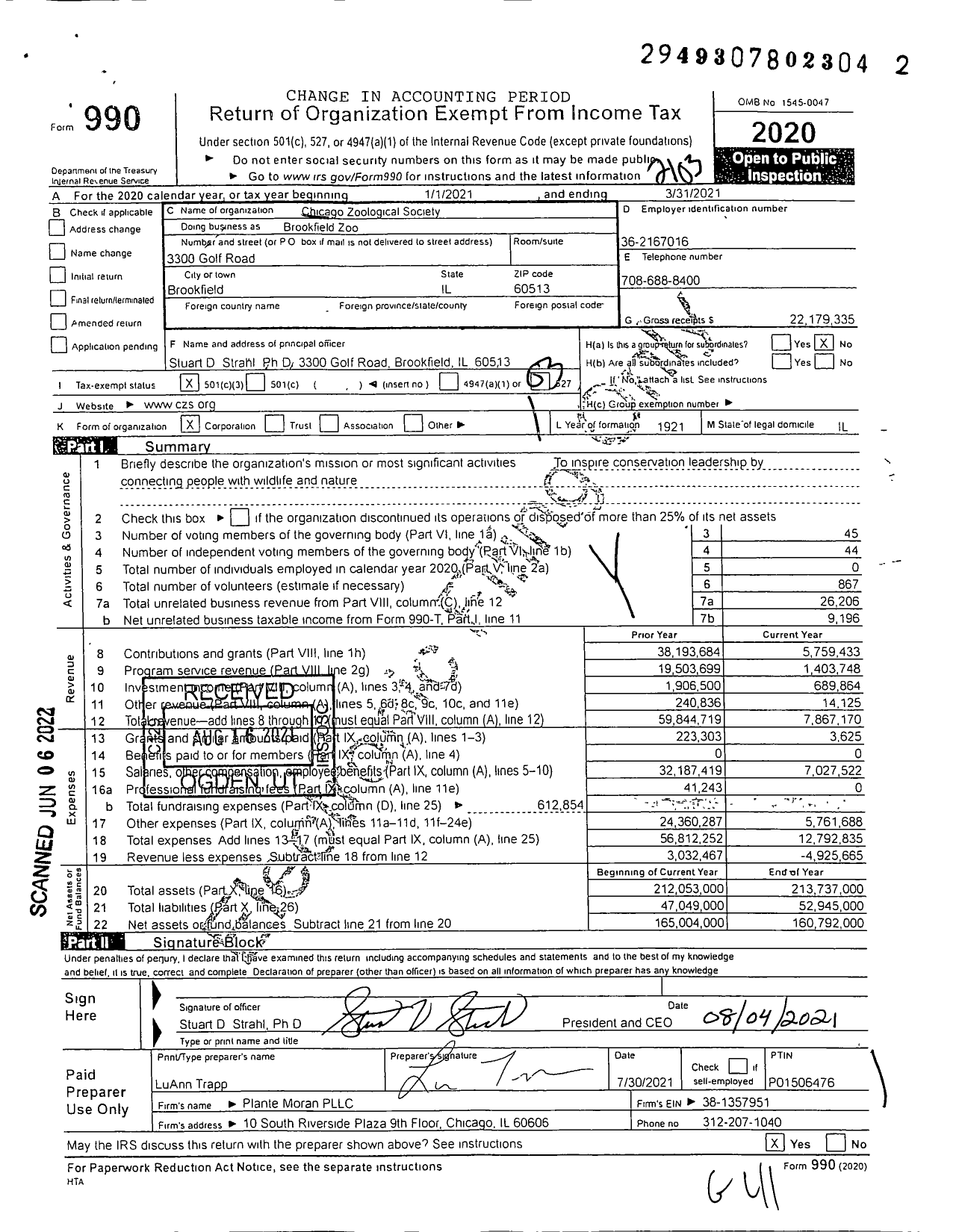 Image of first page of 2020 Form 990 for Chicago Zoological Society