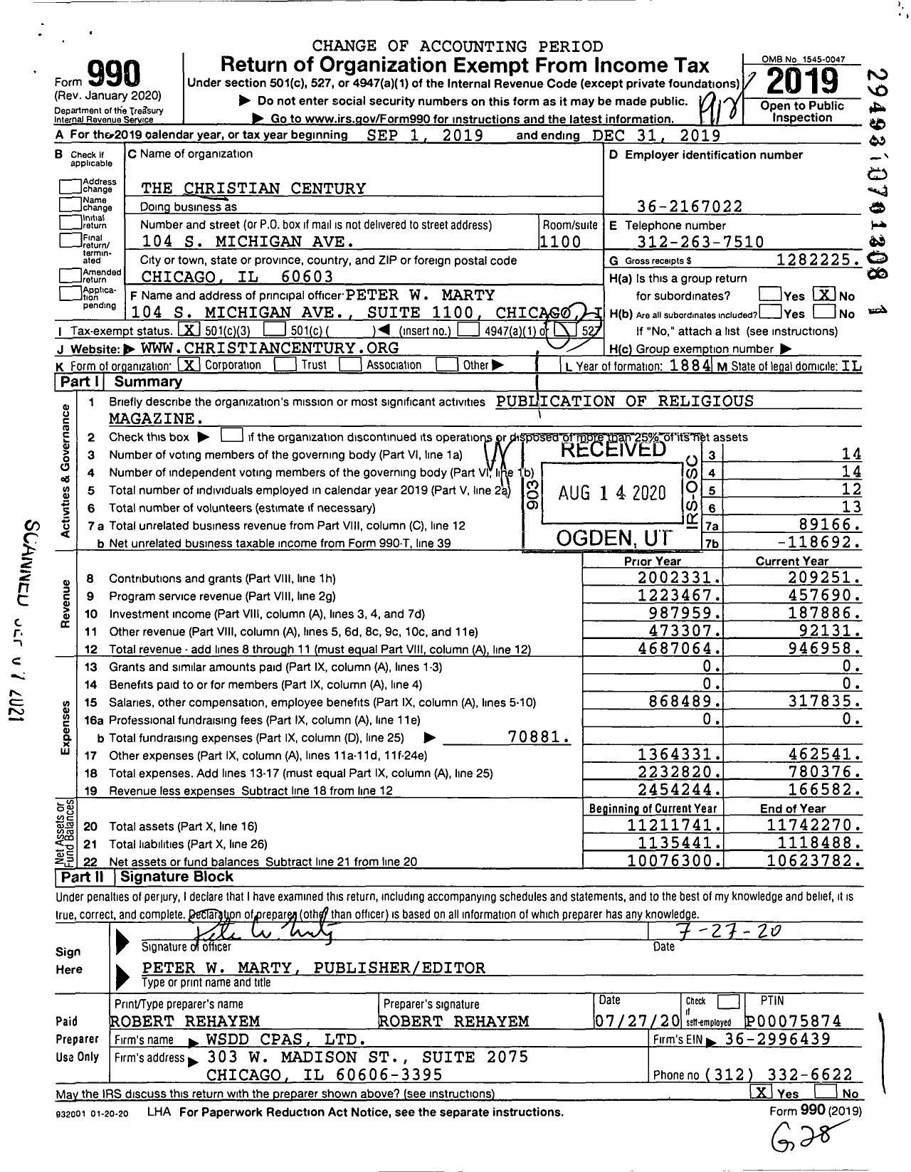 Image of first page of 2019 Form 990 for The Christian Century