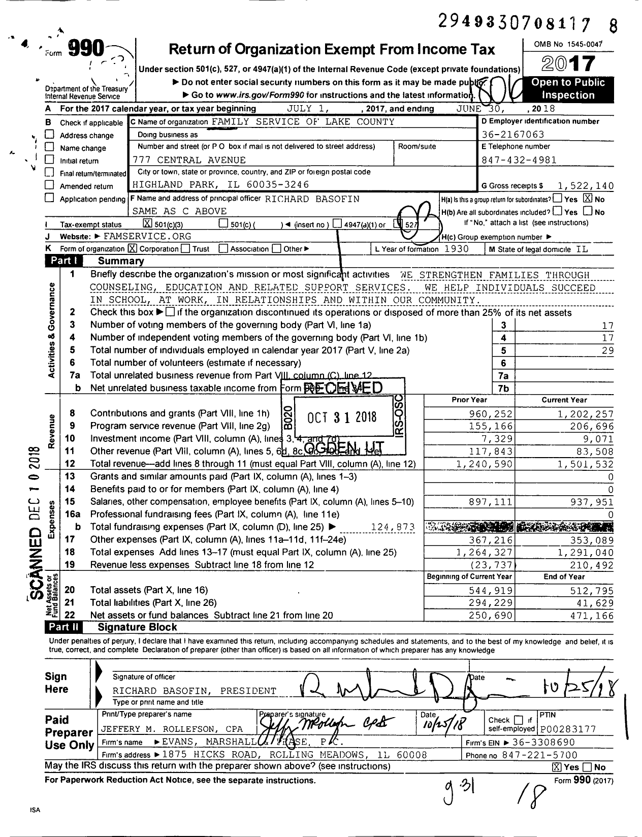 Image of first page of 2017 Form 990 for Family Service of Lake County