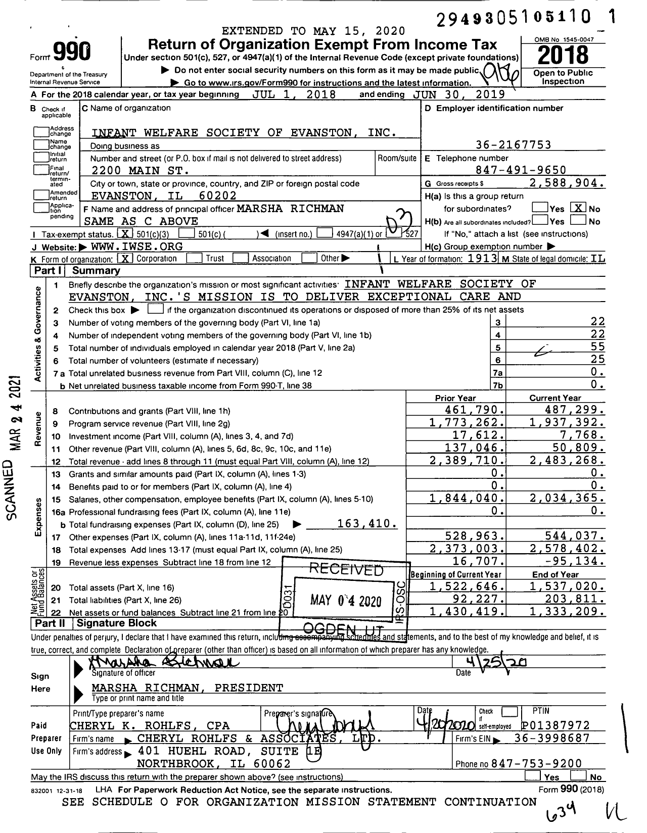 Image of first page of 2018 Form 990 for Infant Welfare Society of Evanston (IWSE)