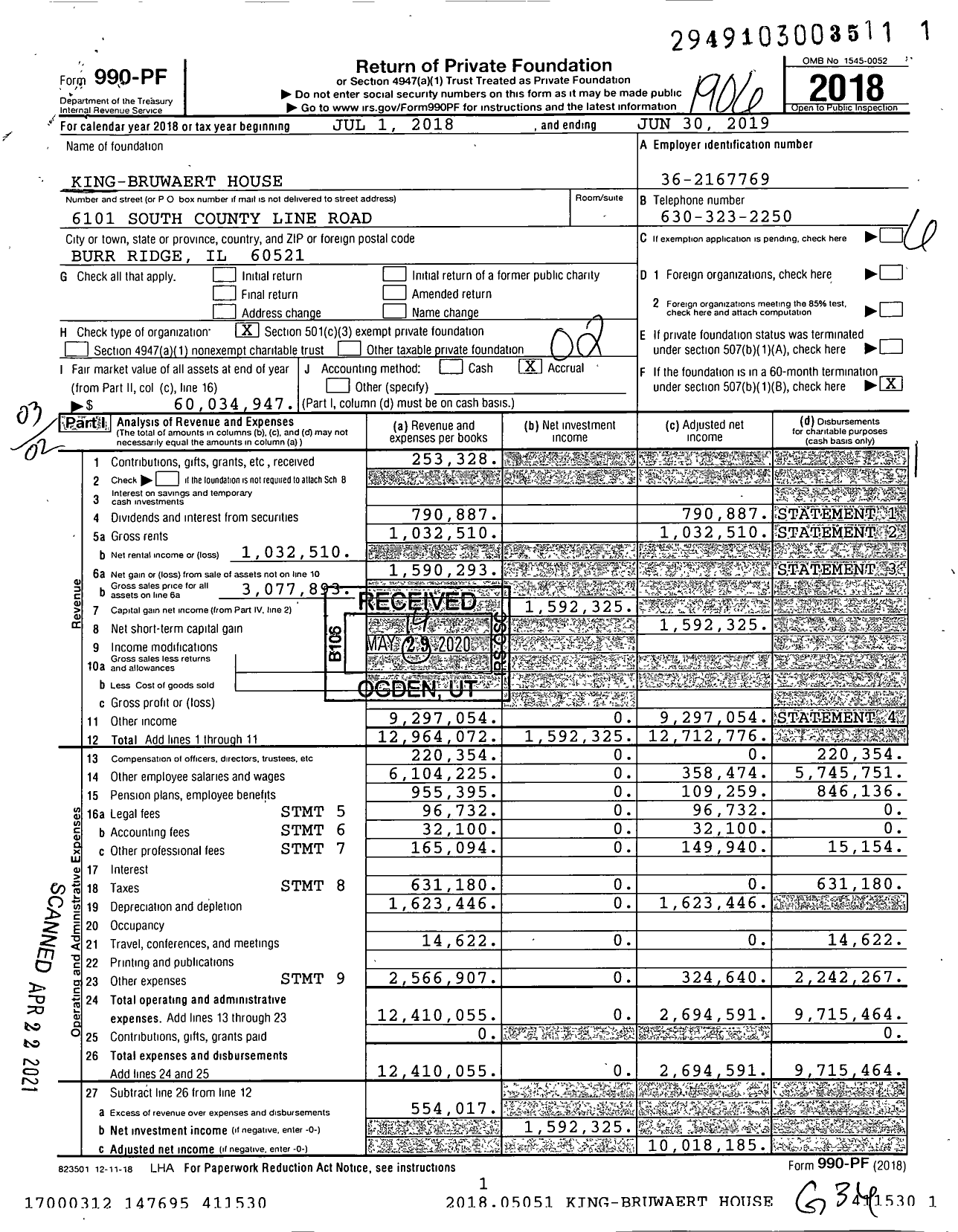 Image of first page of 2018 Form 990PF for King-Bruwaert House