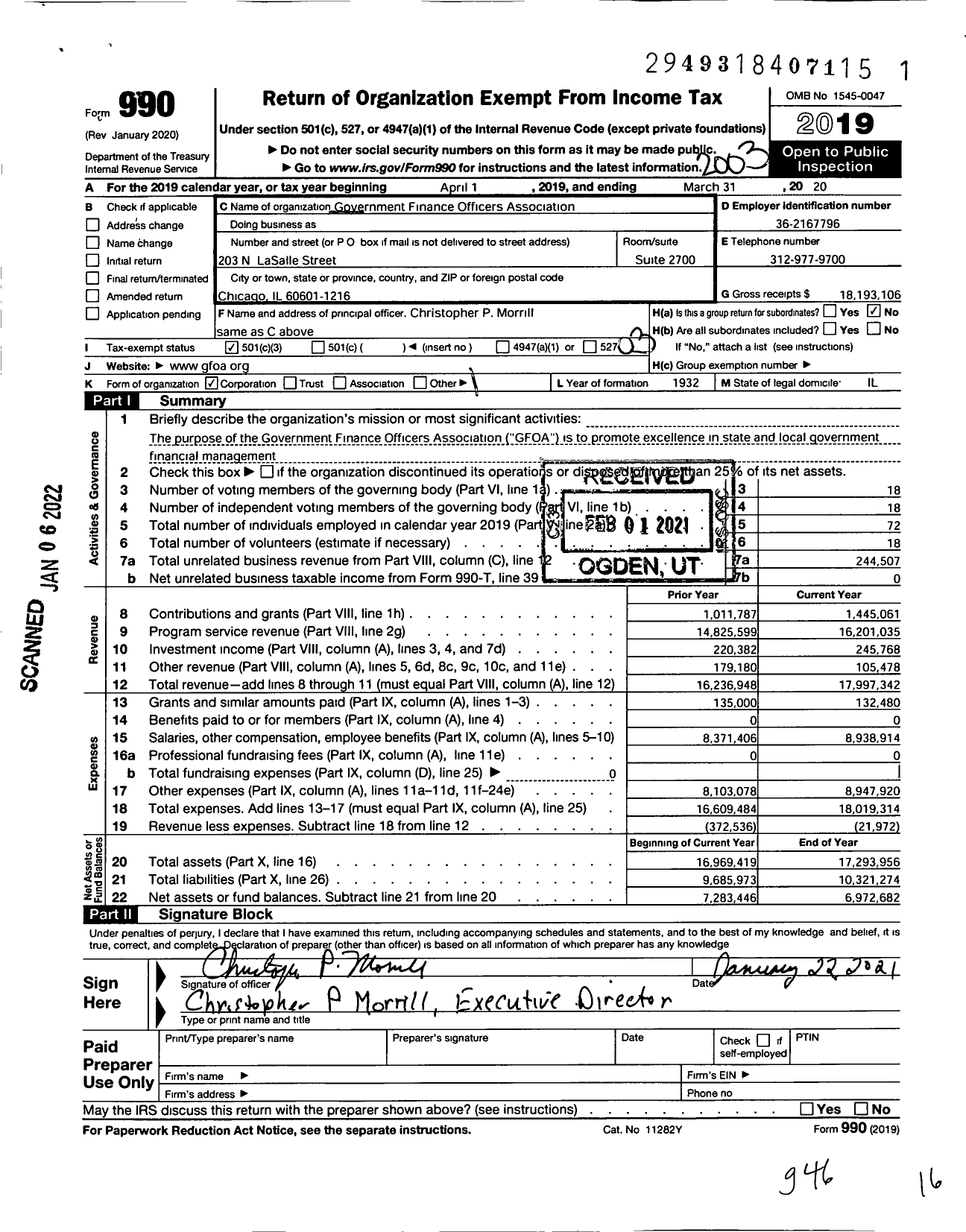 Image of first page of 2019 Form 990 for Government Finance Officers Association the United States & Canada