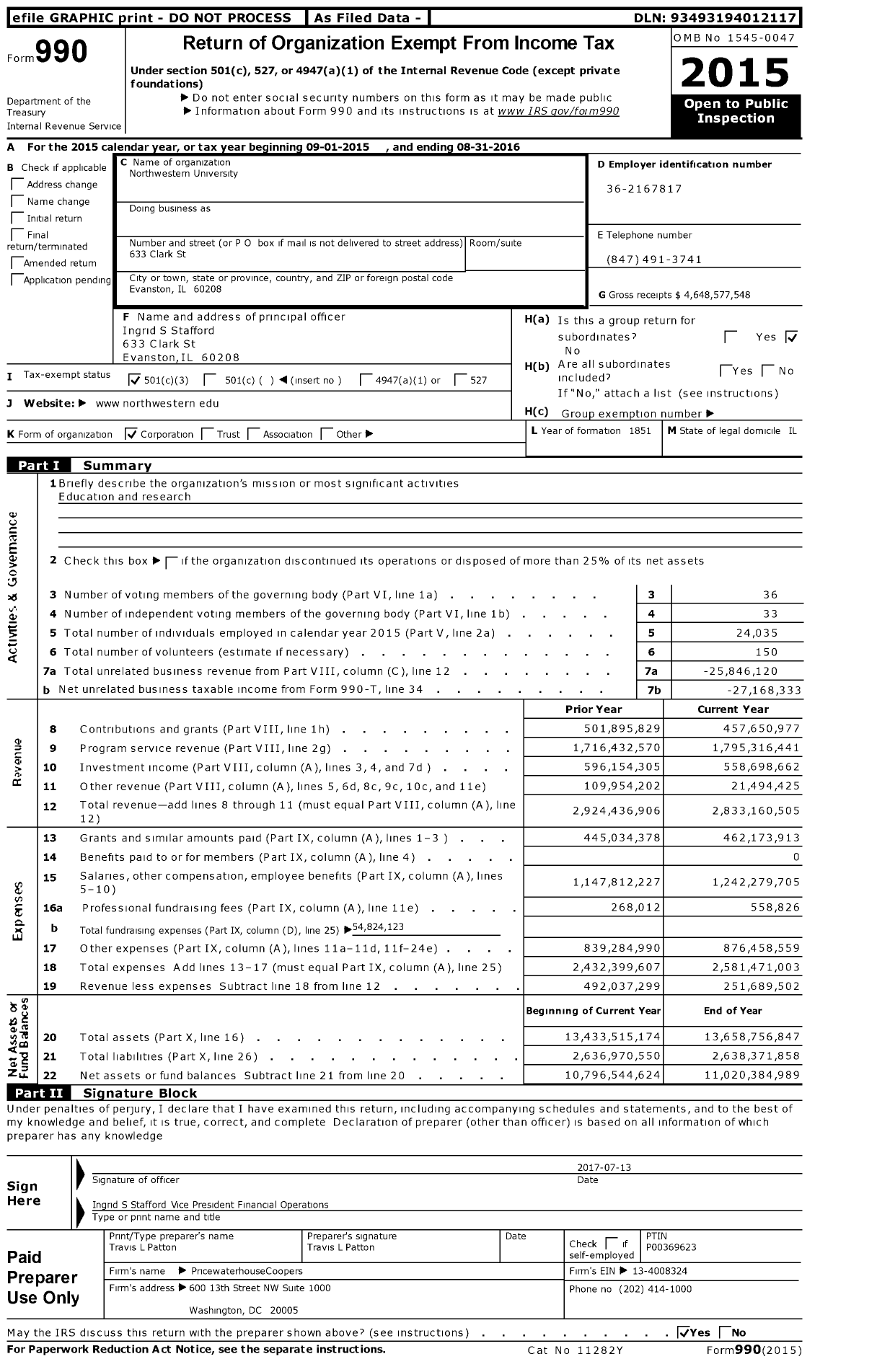 Image of first page of 2015 Form 990 for Northwestern University
