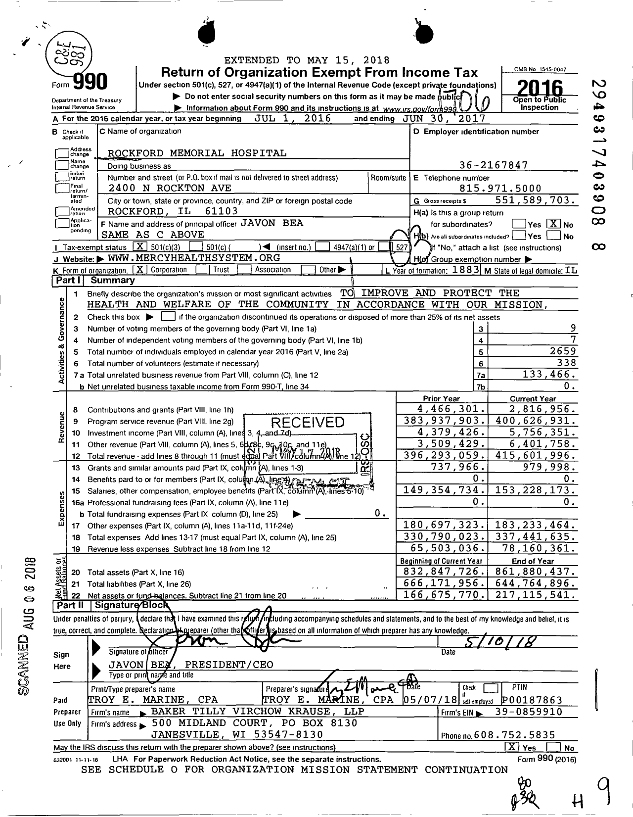 Image of first page of 2016 Form 990 for Javon Bea Hospital