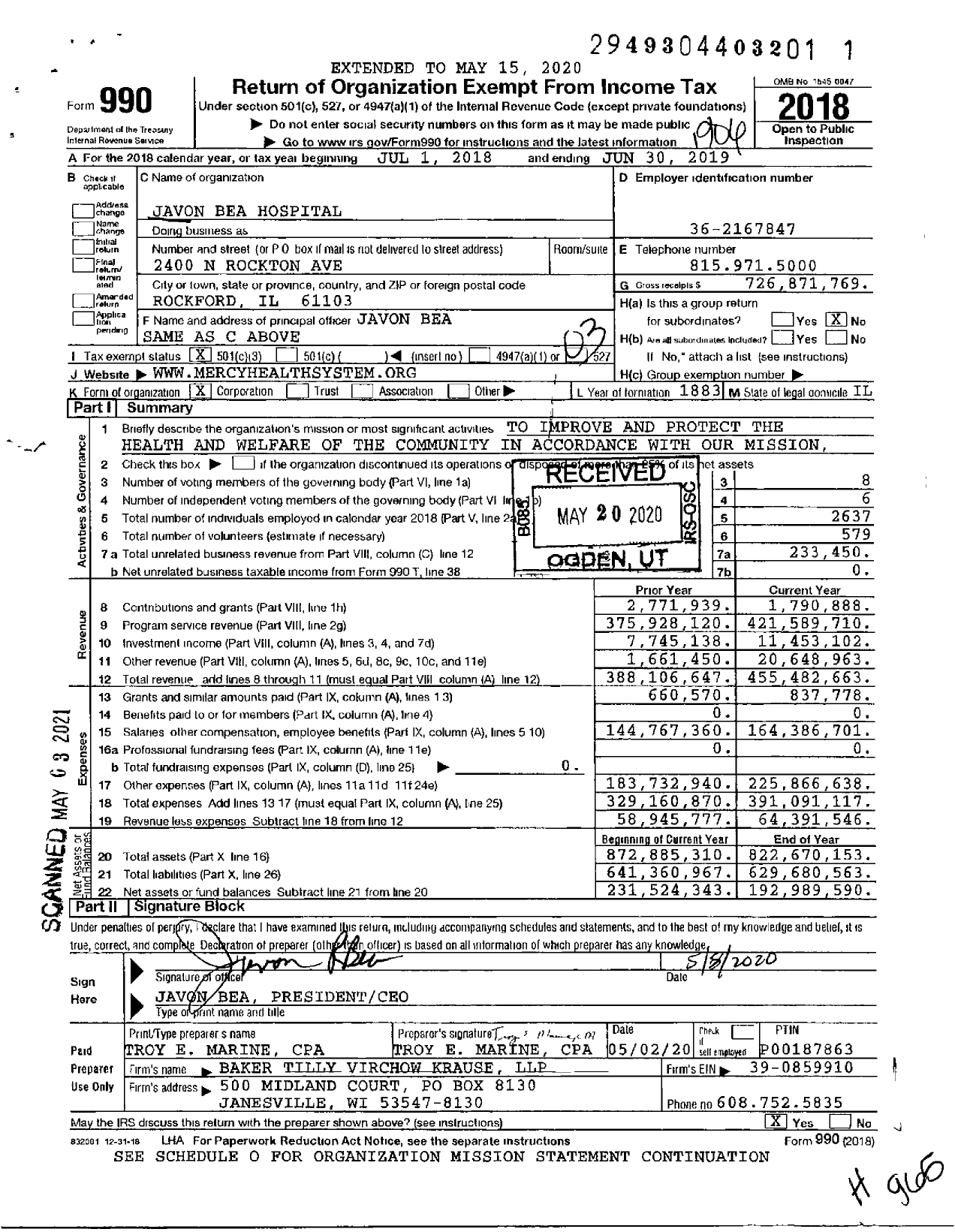 Image of first page of 2018 Form 990 for Javon Bea Hospital