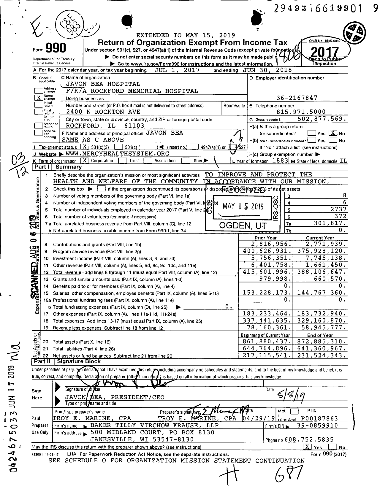 Image of first page of 2017 Form 990 for Javon Bea Hospital