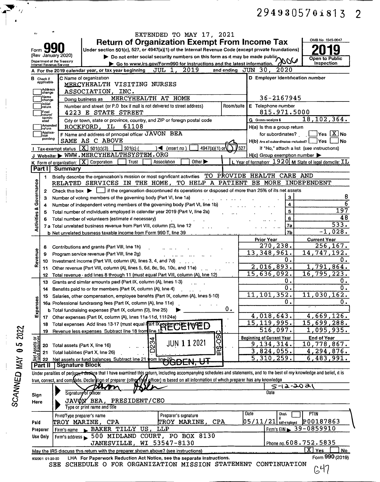 Image of first page of 2019 Form 990 for Mercyhealth at Home / Mercyhealth Visiting Nurses Association Inc