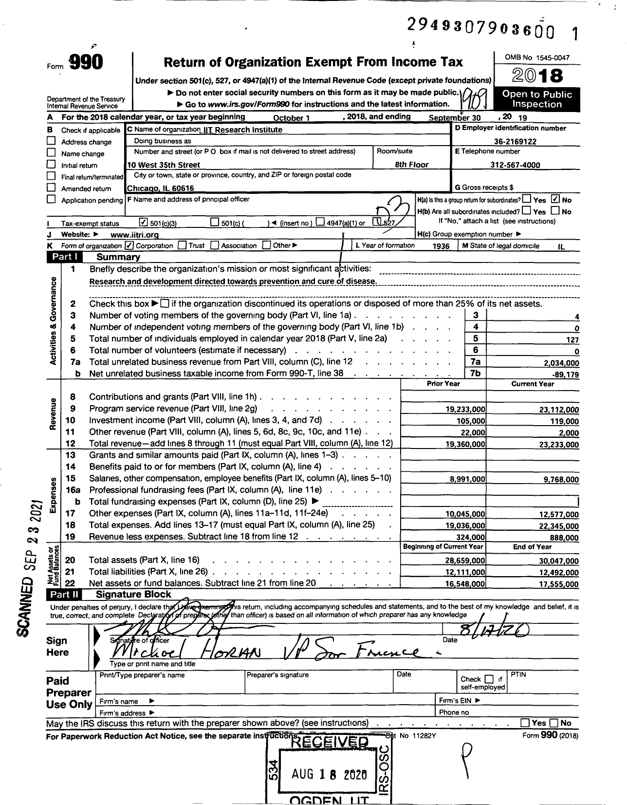 Image of first page of 2018 Form 990 for IIT RESearch INSTITUTE