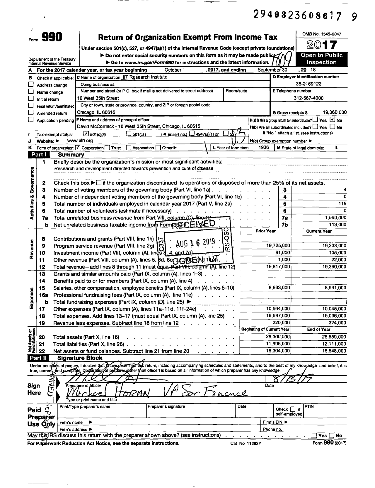 Image of first page of 2017 Form 990 for IIT RESearch INSTITUTE