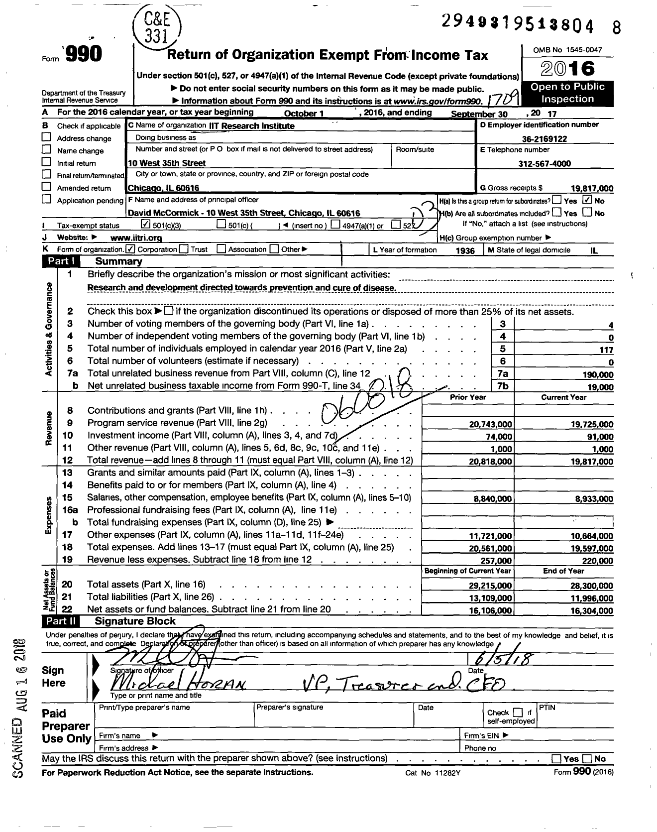 Image of first page of 2016 Form 990 for IIT RESearch INSTITUTE