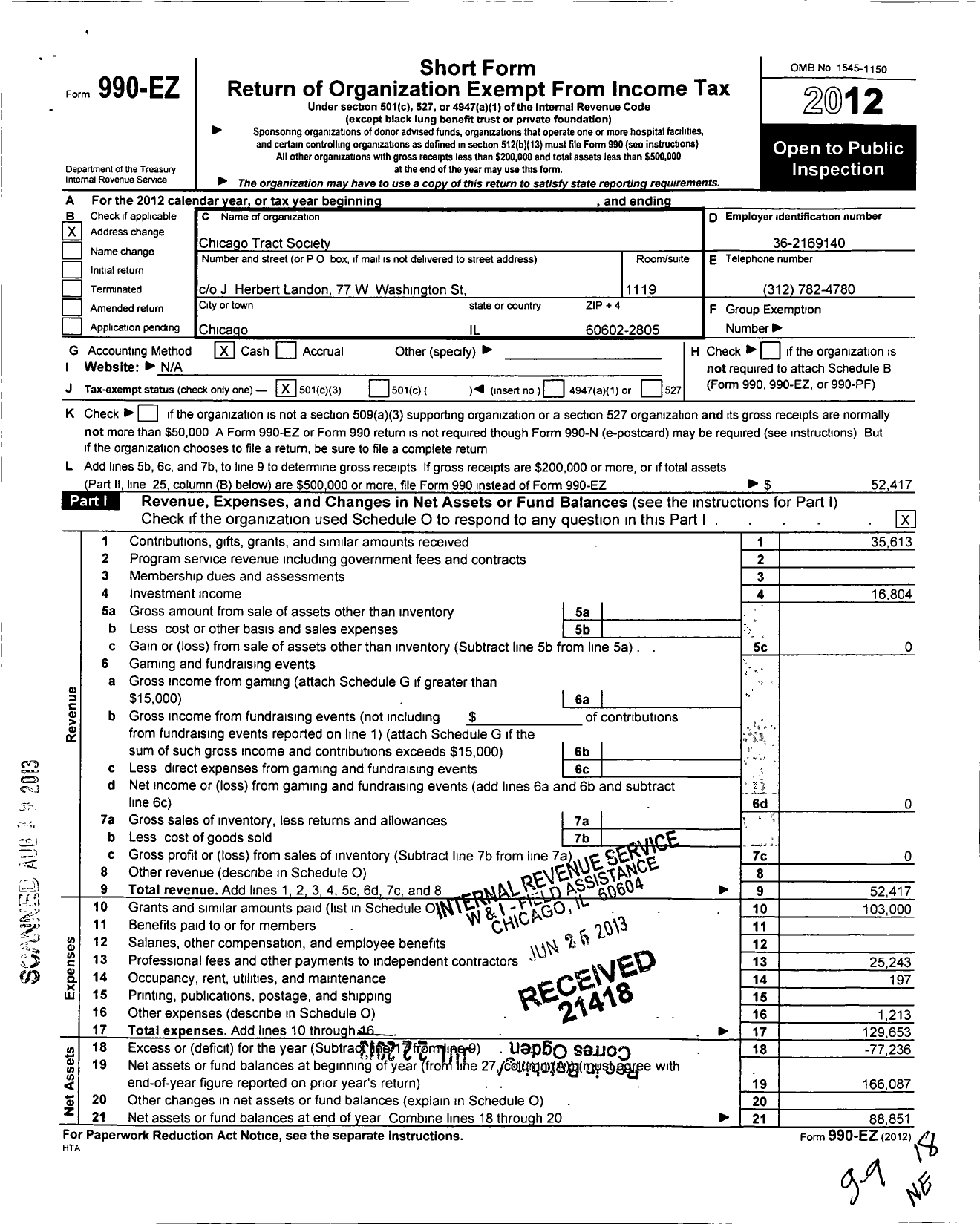 Image of first page of 2012 Form 990EZ for Chicago Tract Society