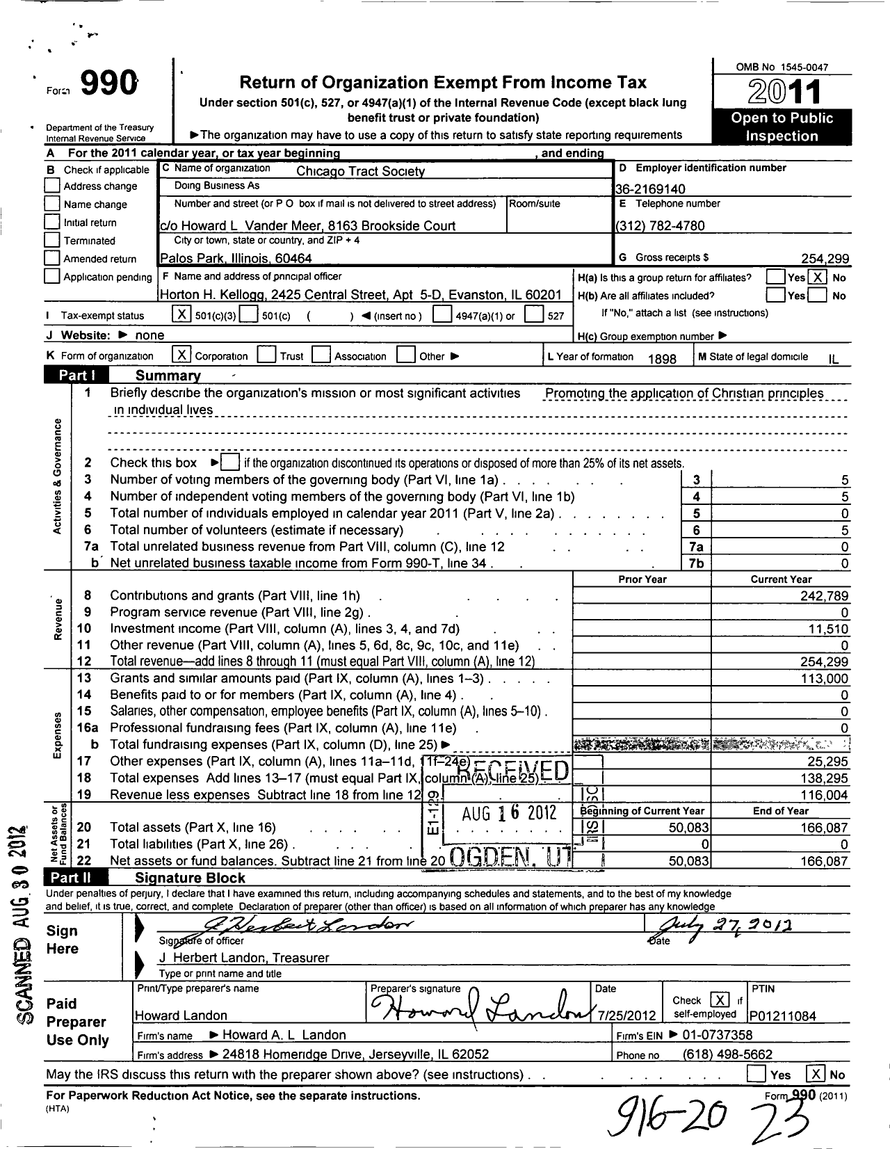 Image of first page of 2011 Form 990 for Chicago Tract Society