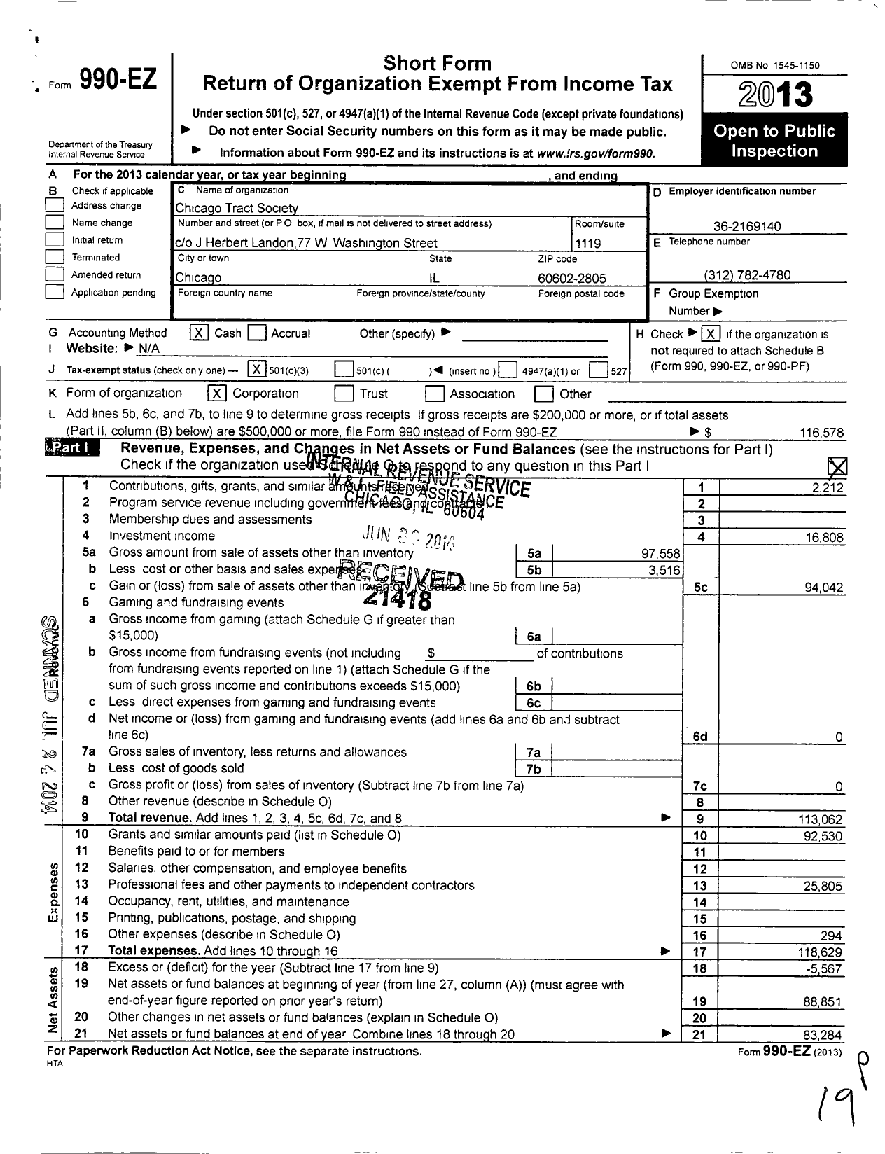 Image of first page of 2013 Form 990EZ for Chicago Tract Society