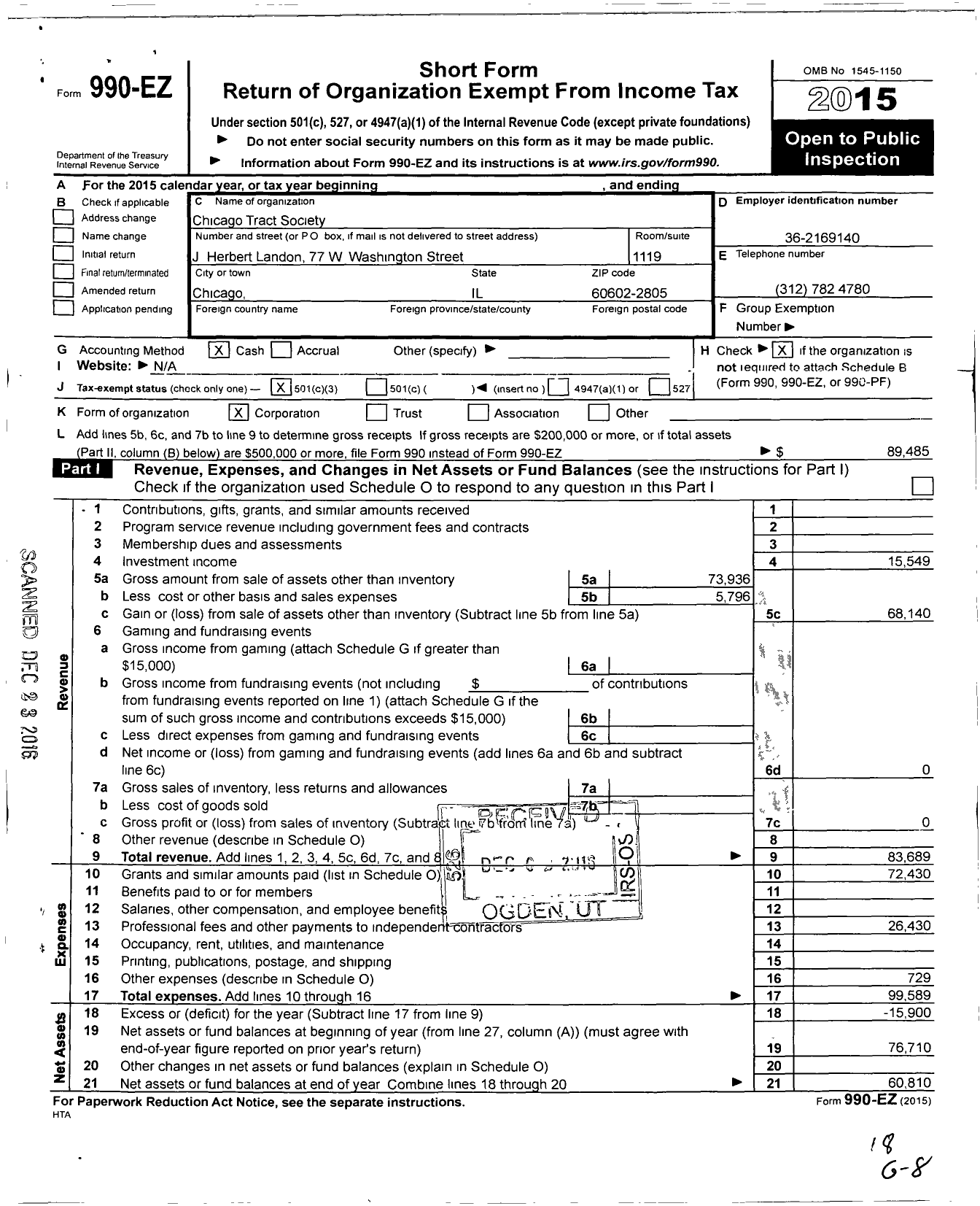 Image of first page of 2015 Form 990EZ for Chicago Tract Society