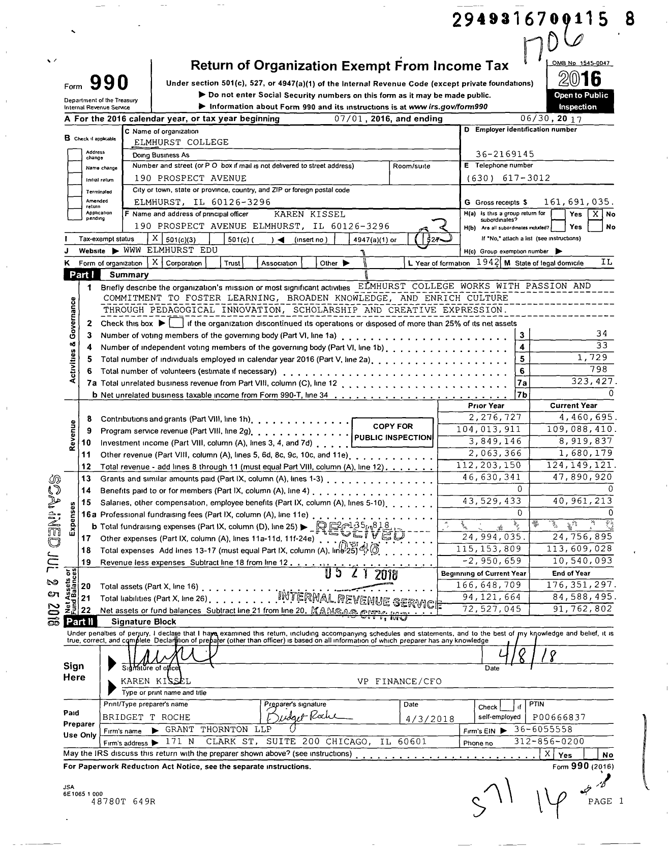 Image of first page of 2016 Form 990 for Elmhurst University