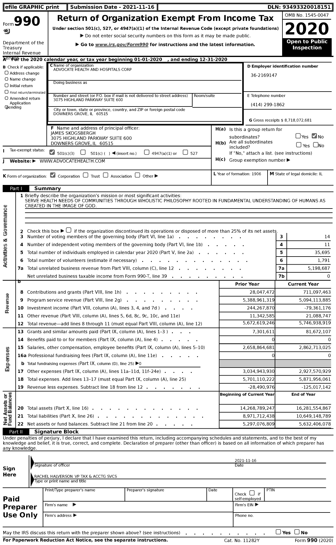 Image of first page of 2020 Form 990 for Advocate Health and Hospitals Corporation