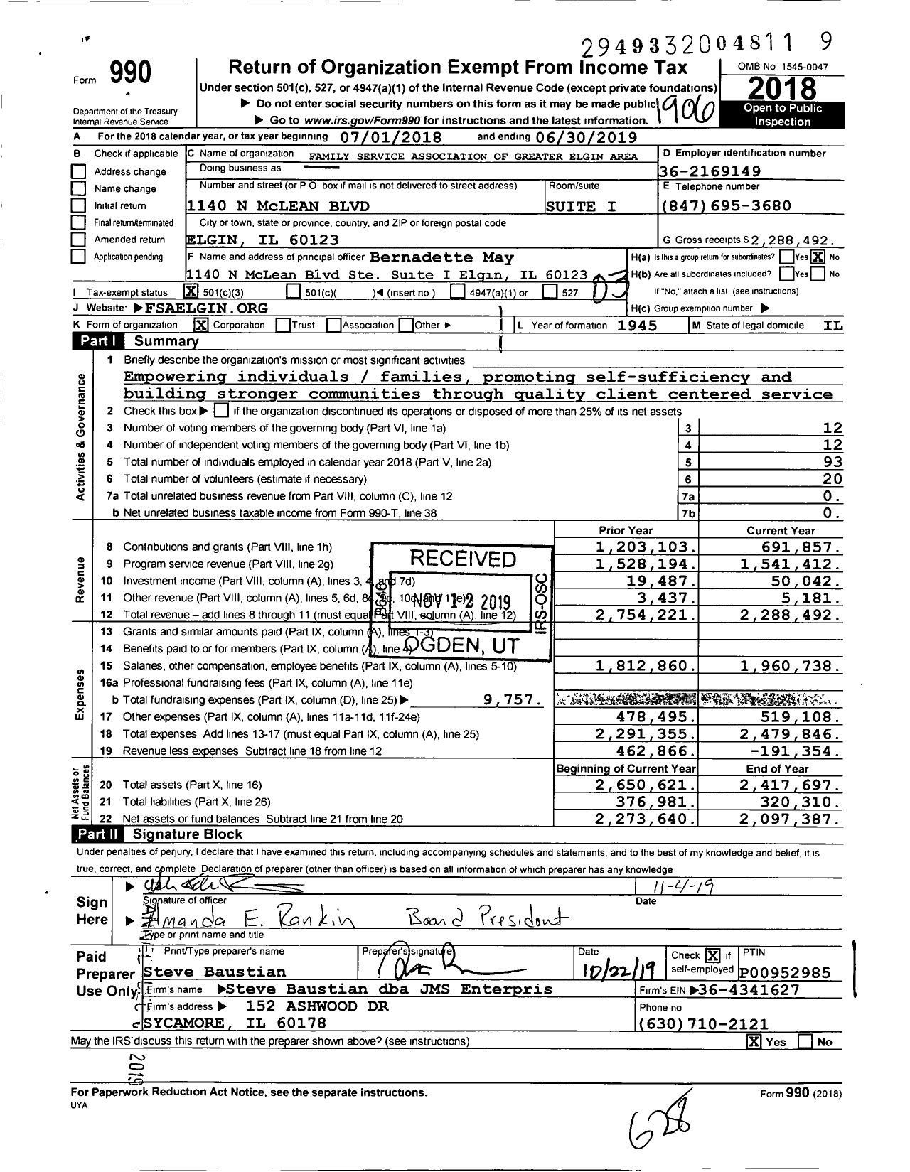 Image of first page of 2018 Form 990 for Family Service Association of Greater Elgin Area