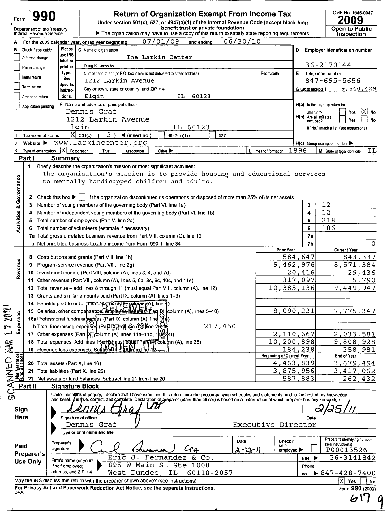 Image of first page of 2009 Form 990 for Larkin Center