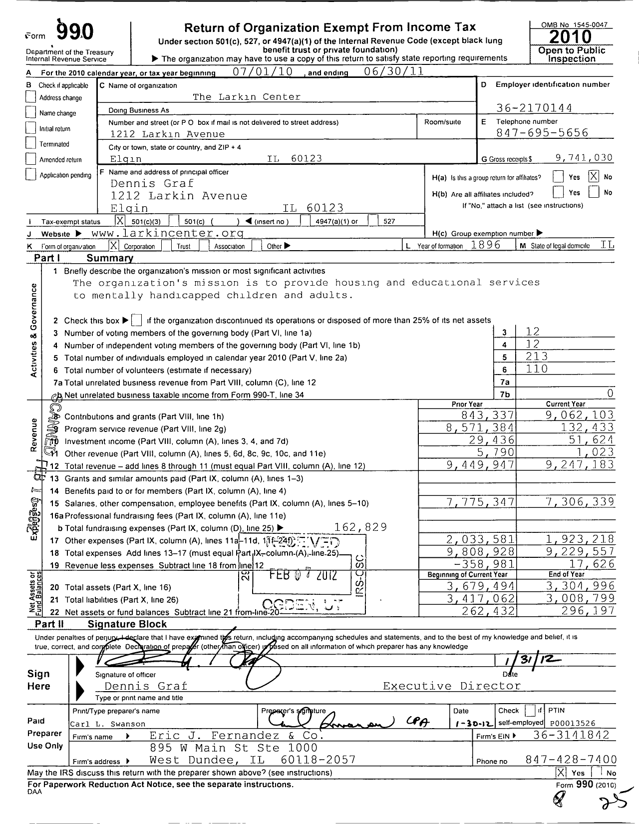Image of first page of 2010 Form 990 for Larkin Center