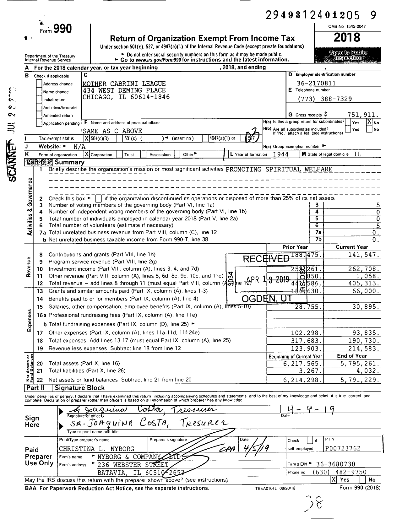 Image of first page of 2018 Form 990 for Mother Cabrini League