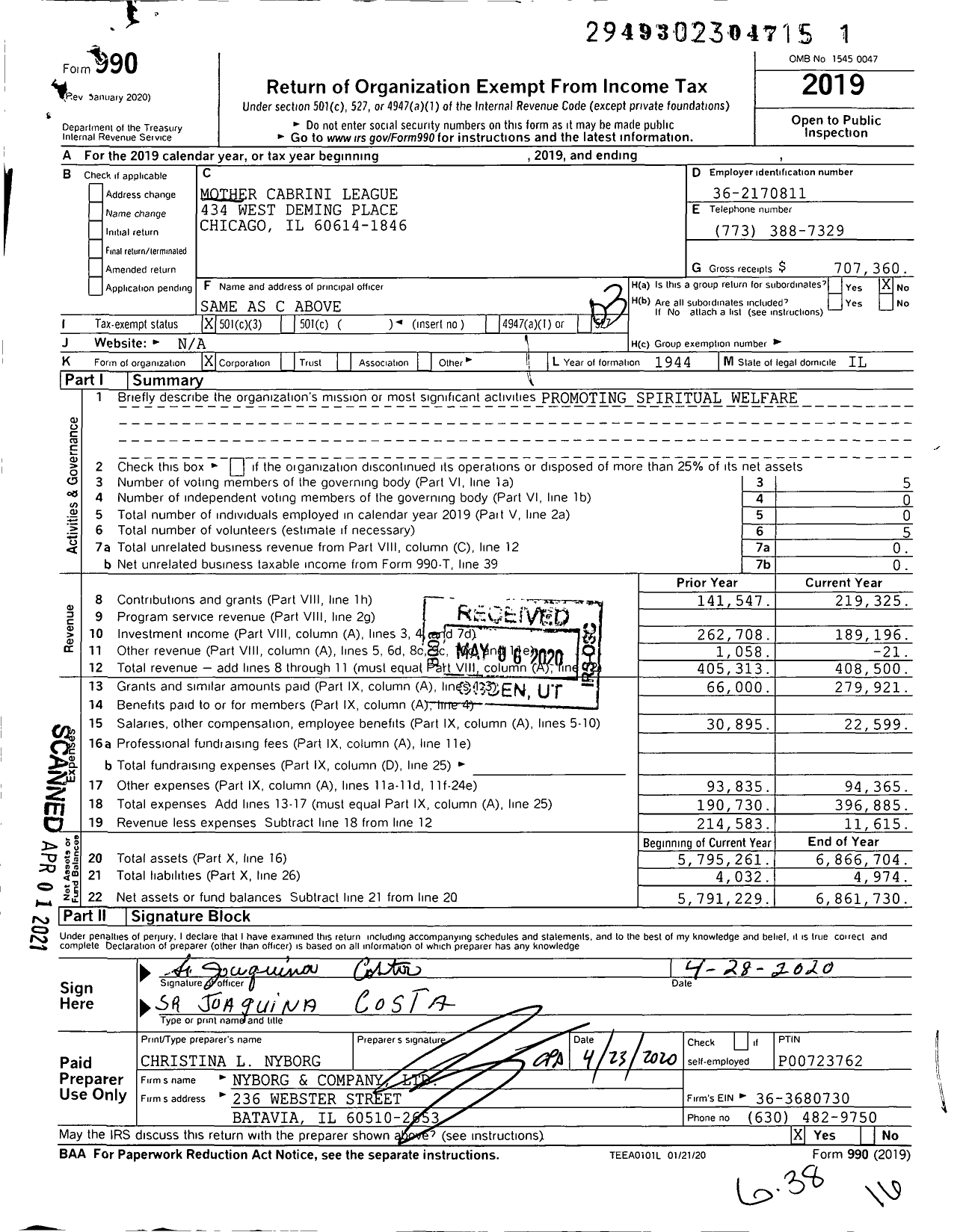 Image of first page of 2019 Form 990 for Mother Cabrini League