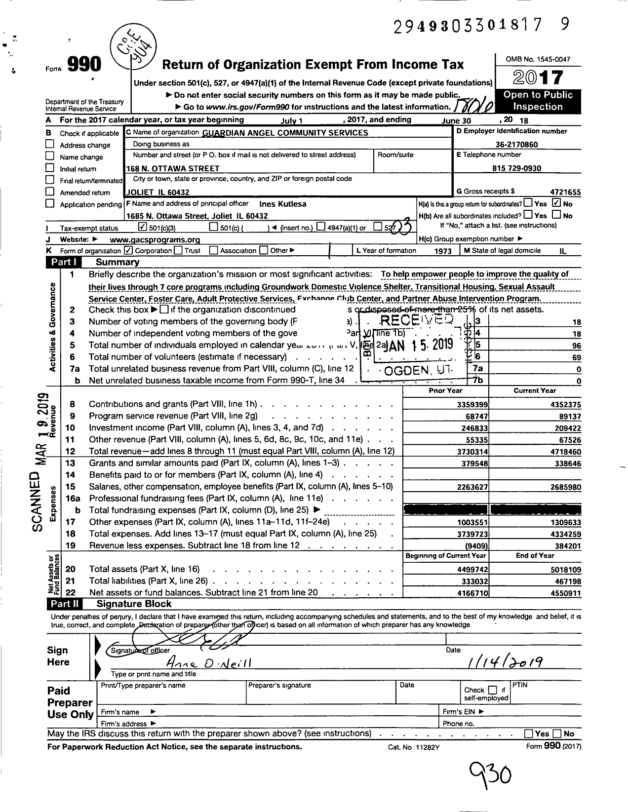 Image of first page of 2017 Form 990 for Guardian Angel Community Services (GACS)