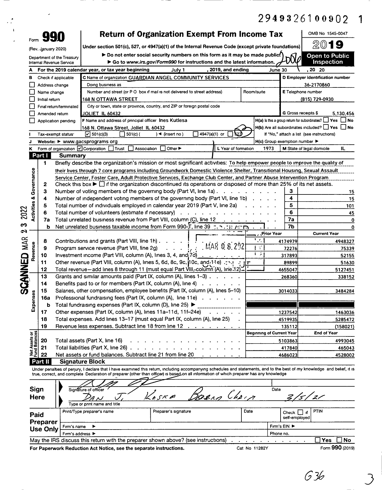 Image of first page of 2019 Form 990 for Guardian Angel Community Services (GACS)