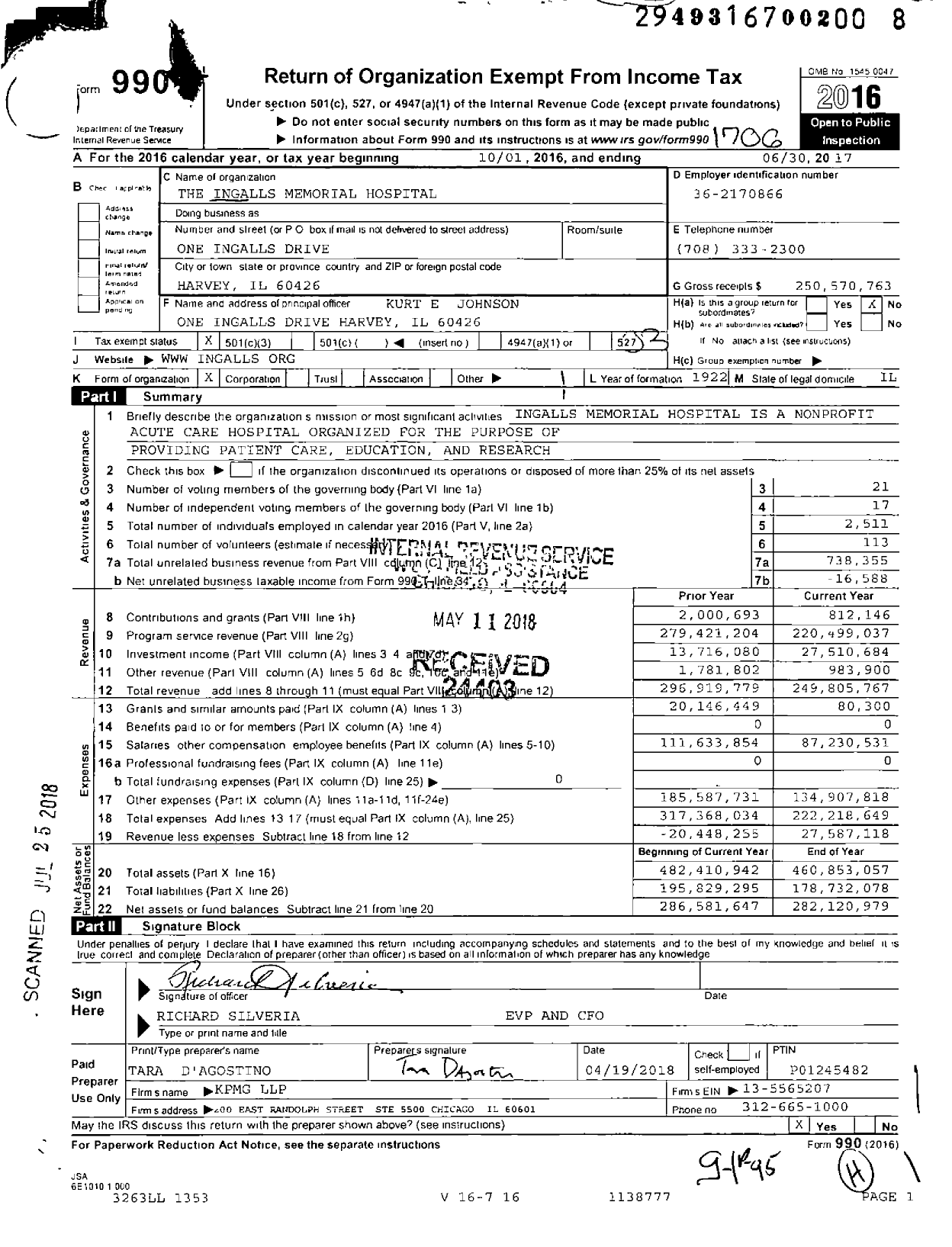 Image of first page of 2016 Form 990 for Ingalls Memorial Hospital