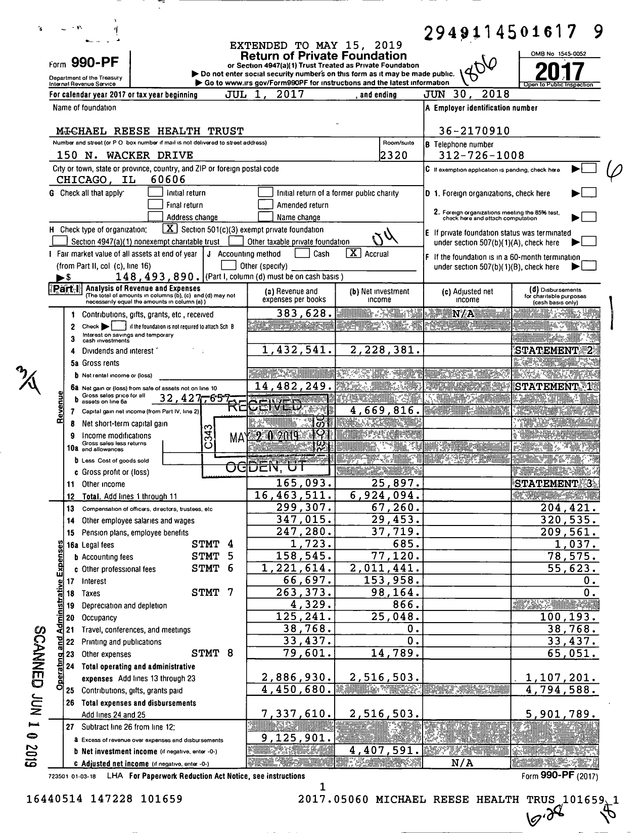 Image of first page of 2017 Form 990PF for Micheal Reese Health Trust