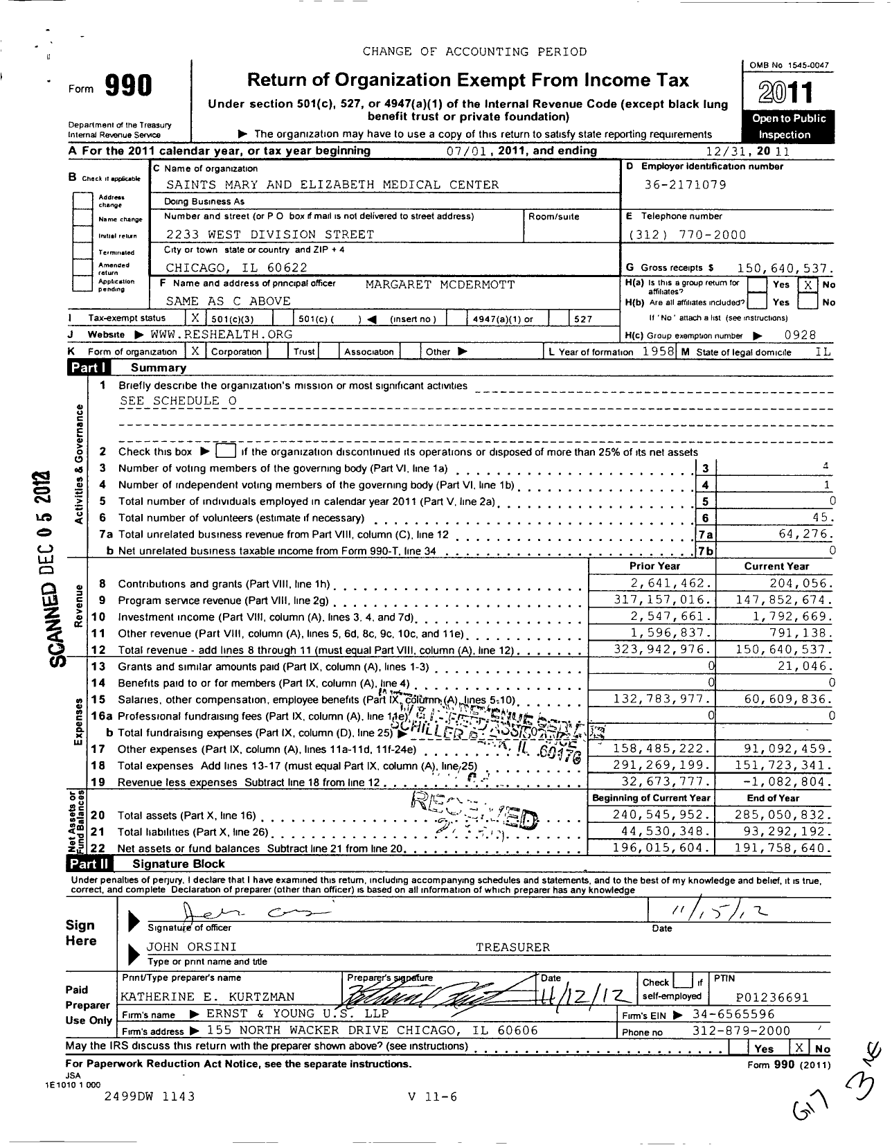 Image of first page of 2011 Form 990 for Presence Saints Mary and Elizabeth Medical Center
